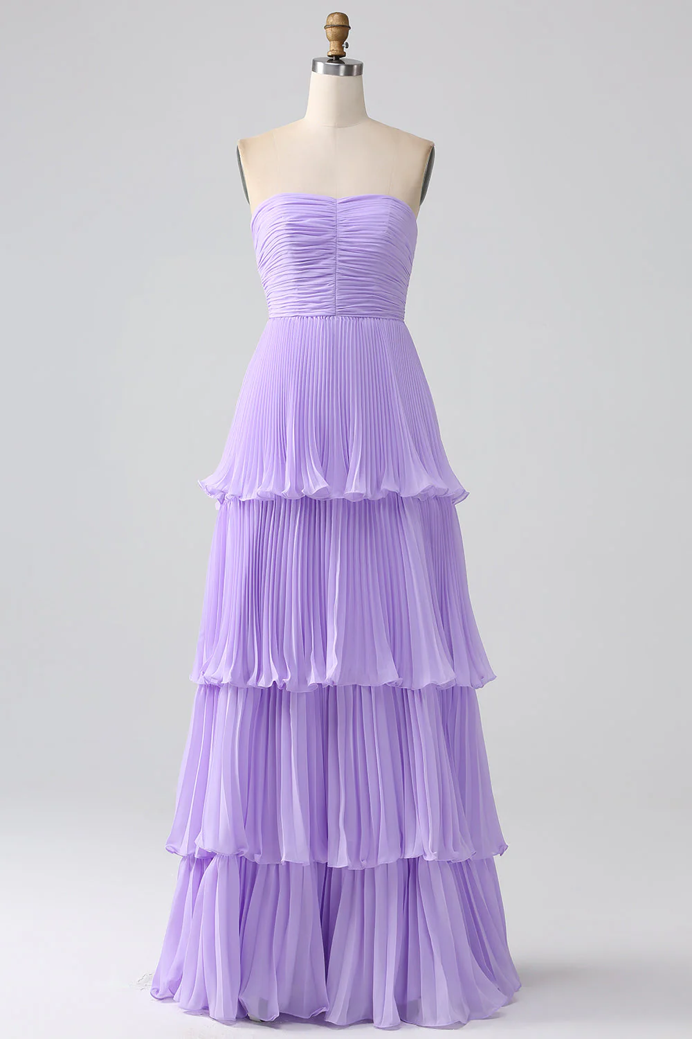 A-Line Sweetheart Lilac Tiered Chiffon Long Bridesmaid Dress with Pleated - JUORTHO