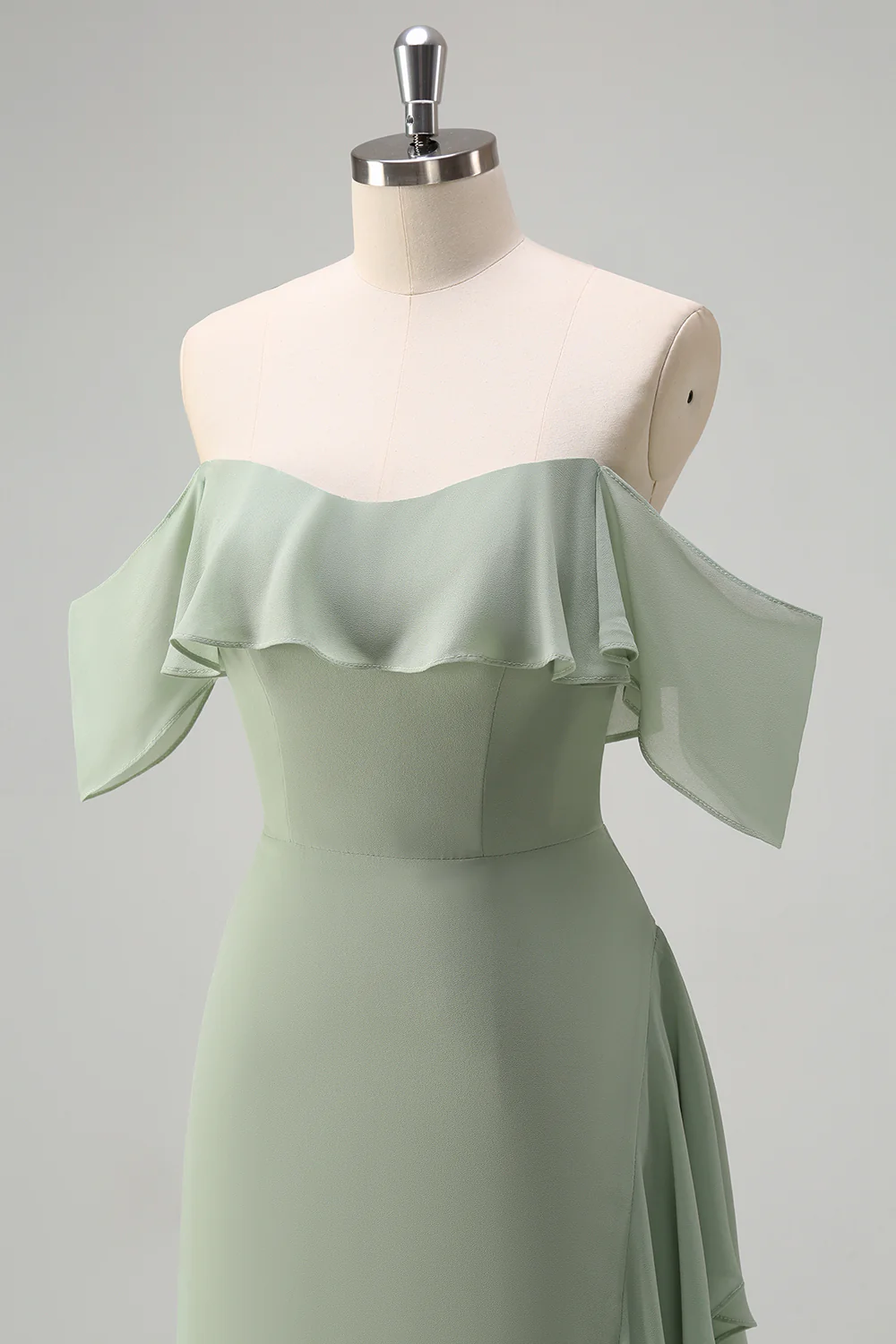 Light Green Off The Shoulder Chiffon Long Bridesmaid Dress - JUORTHO