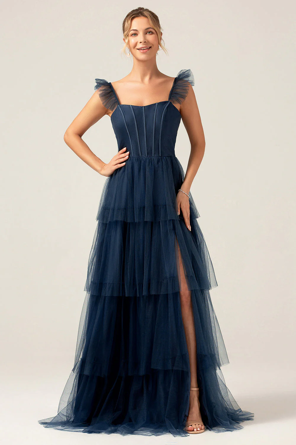 Detachable Straps A Line Navy Tiered Long Bridesmaid Dress - JUORTHO