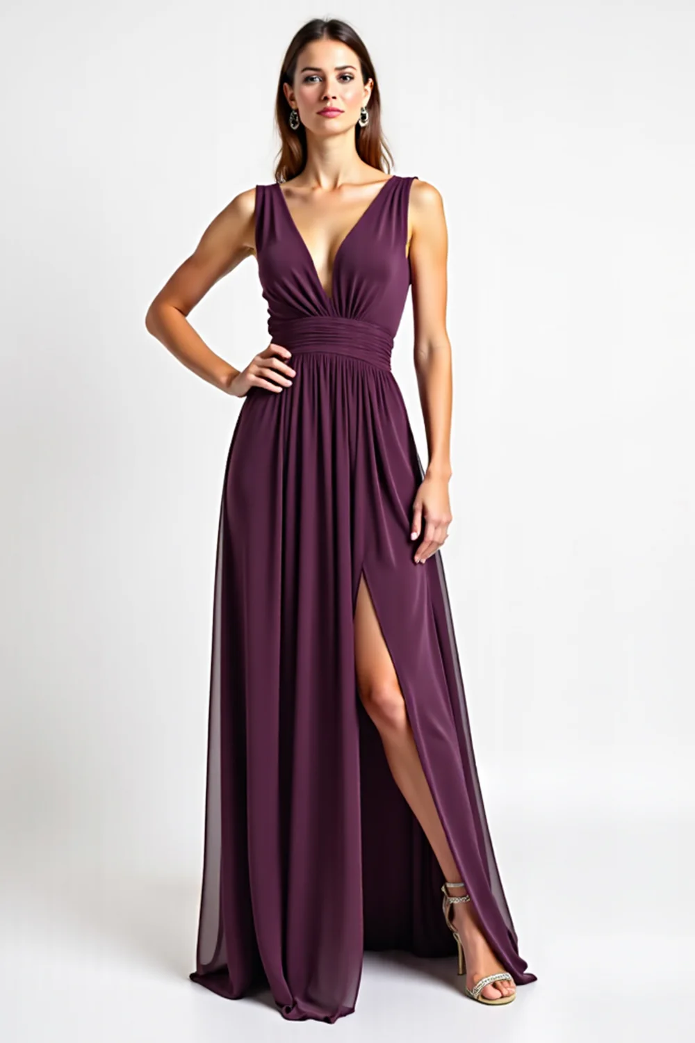 Purple Deep V-Neck Chiffon Long Bridesmaid Dress with Slit - JUORTHO