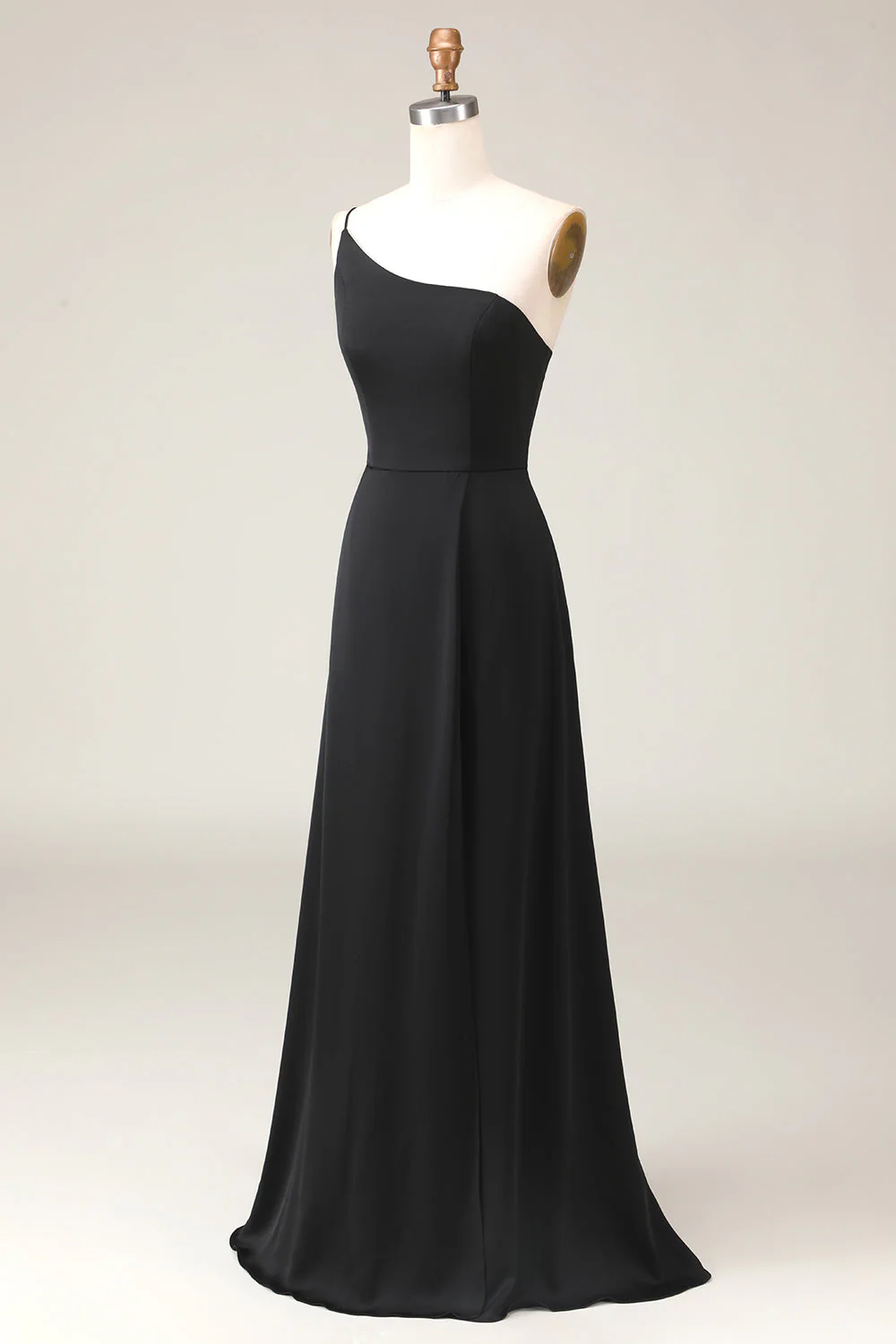 Black A-line Chiffon One Shoulder Floor Length Bridesmaid Dress - JUORTHO
