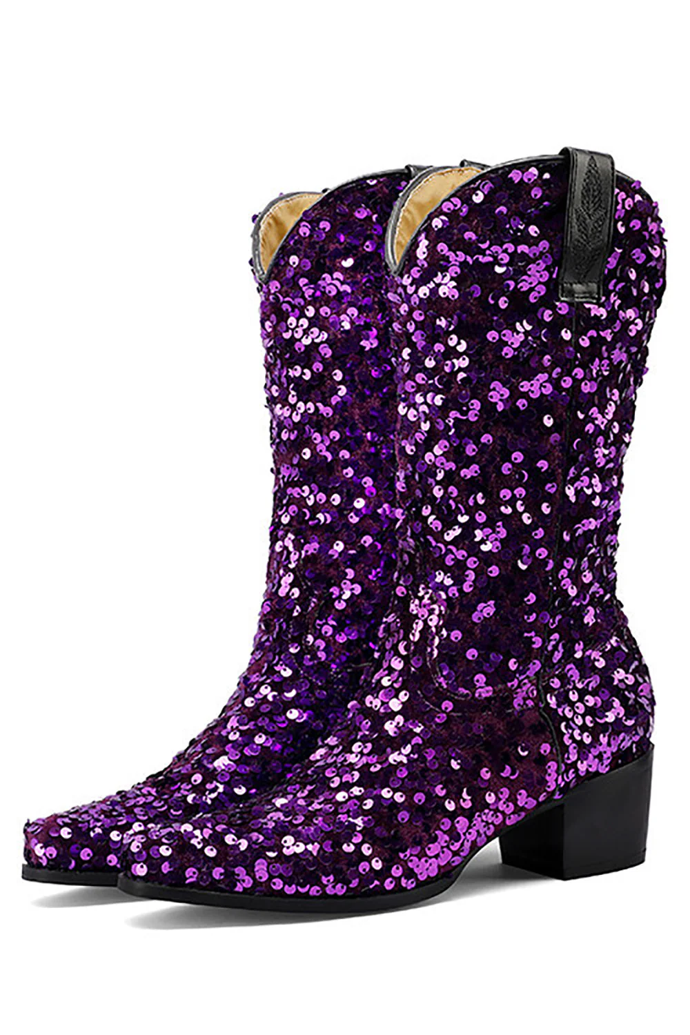 Glitter Black Mid Calf Sequins Snip Toe Chunky Heeled Boots - JUORTHO