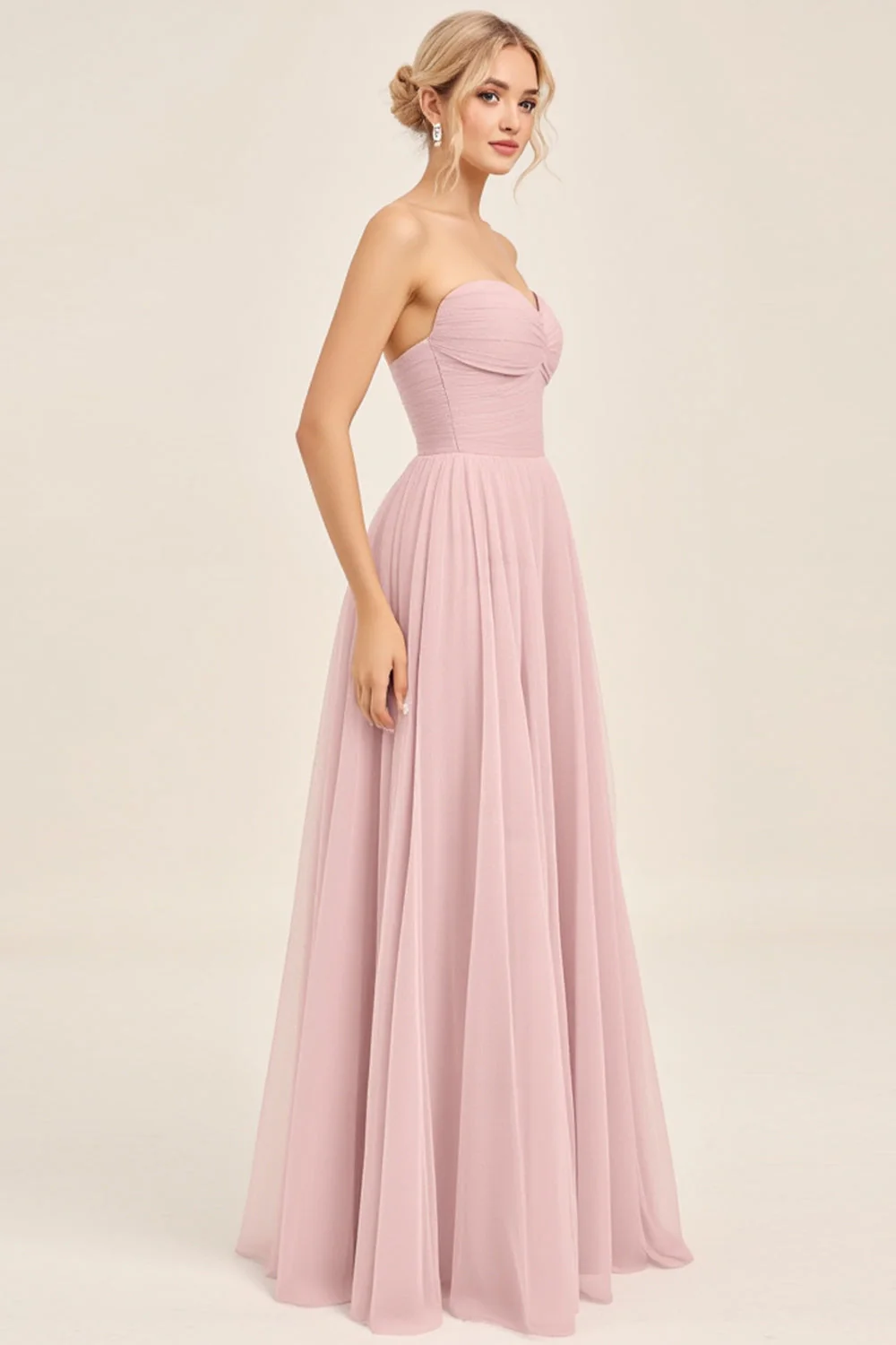 Candy Pink A Line Ruhced Sweetheart Long Bridesmaid Dress - JUORTHO