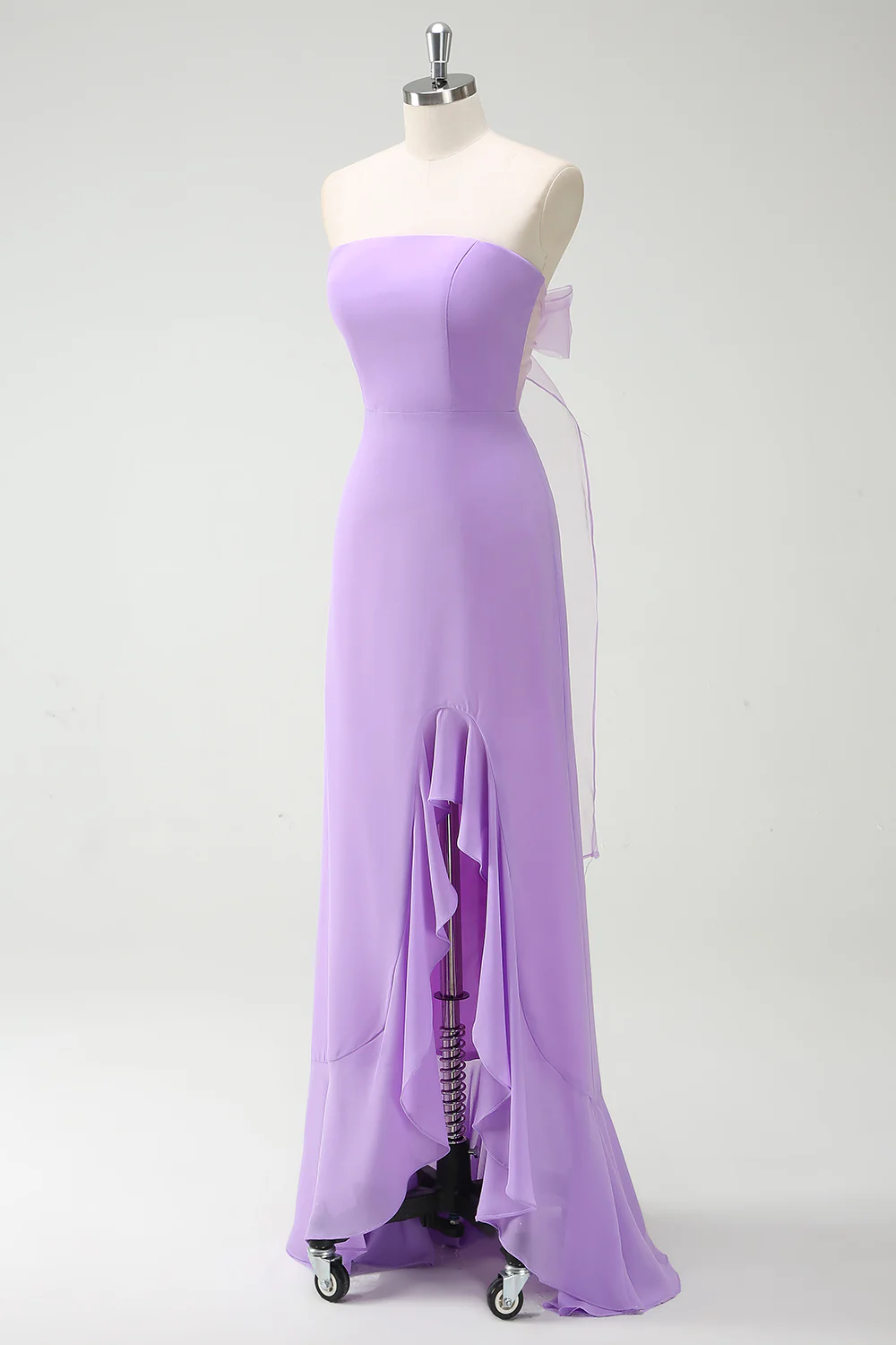 Simple Purple Strapless Chiffon Long Bridesmaid Dress With Slit - JUORTHO