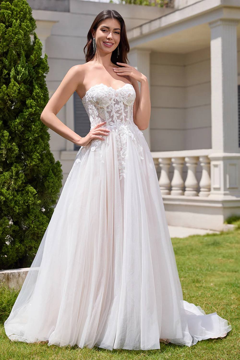 White A Line Strapless Sparkly Wedding Dress with Applique Lace - JUORTHO