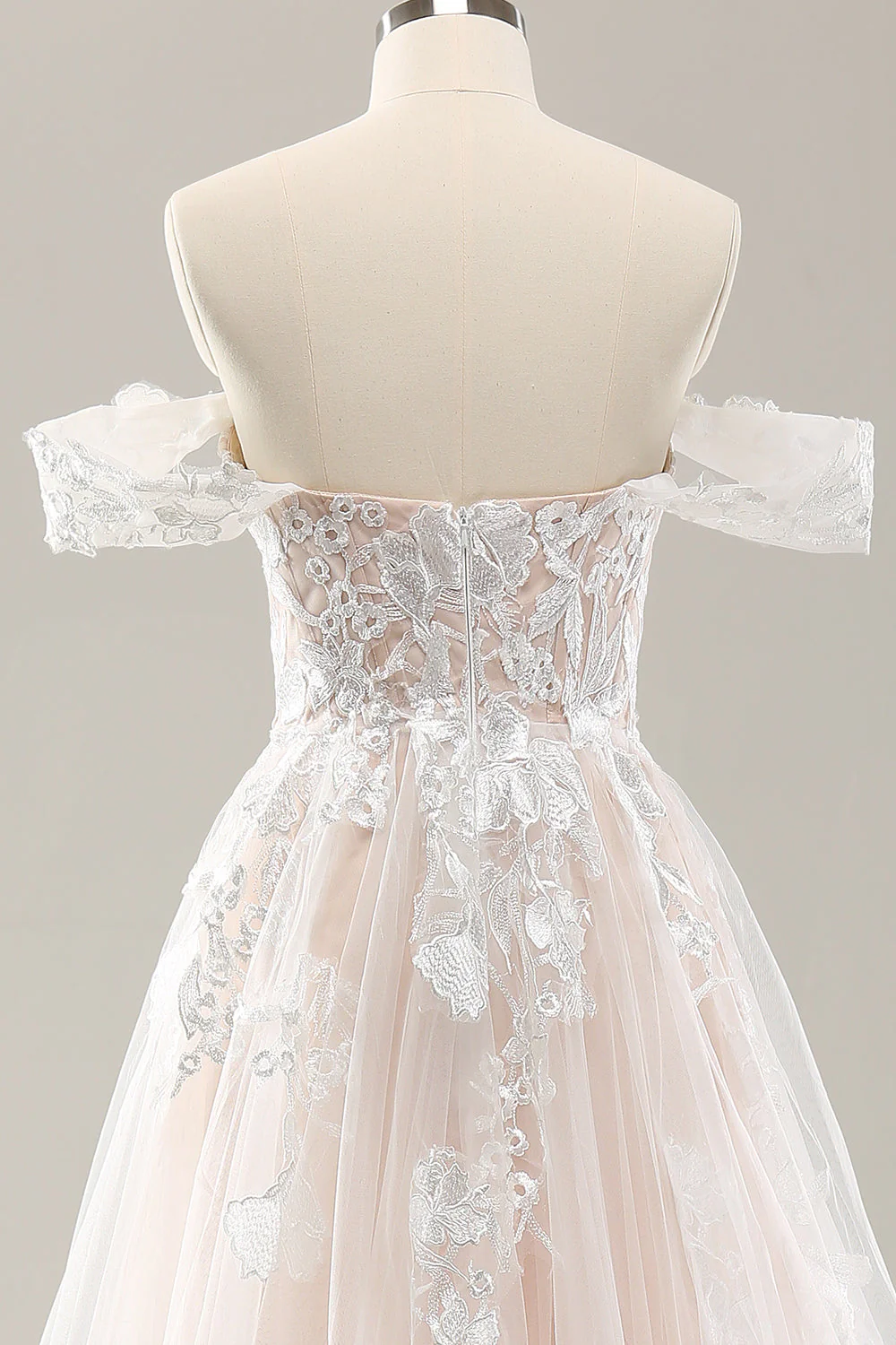 White A Line Off the Shoulder Tulle Wedding Dress with Applique Lace - JUORTHO