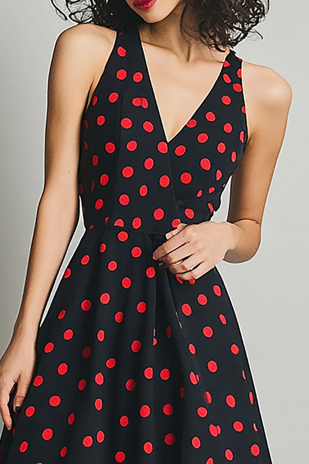 Satin V-Neck Black and Red A Line Maxi Polka Dot Dress - JUORTHO