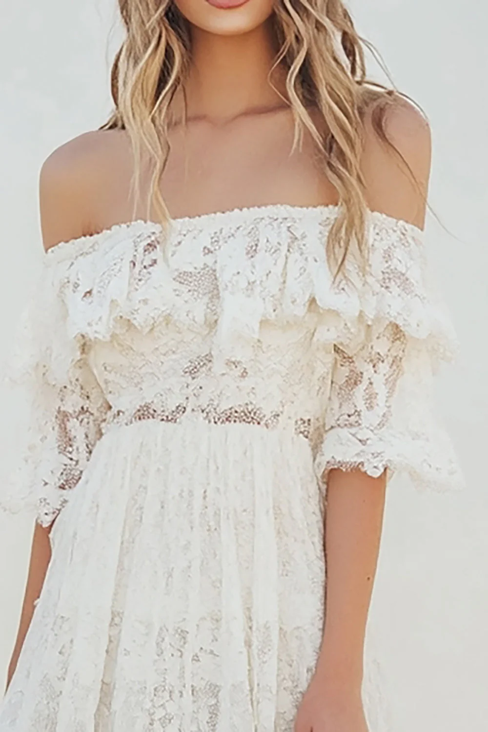 White Lace Midi A Line Boho Graduation Dress with Flare Sleeves - JUORTHO