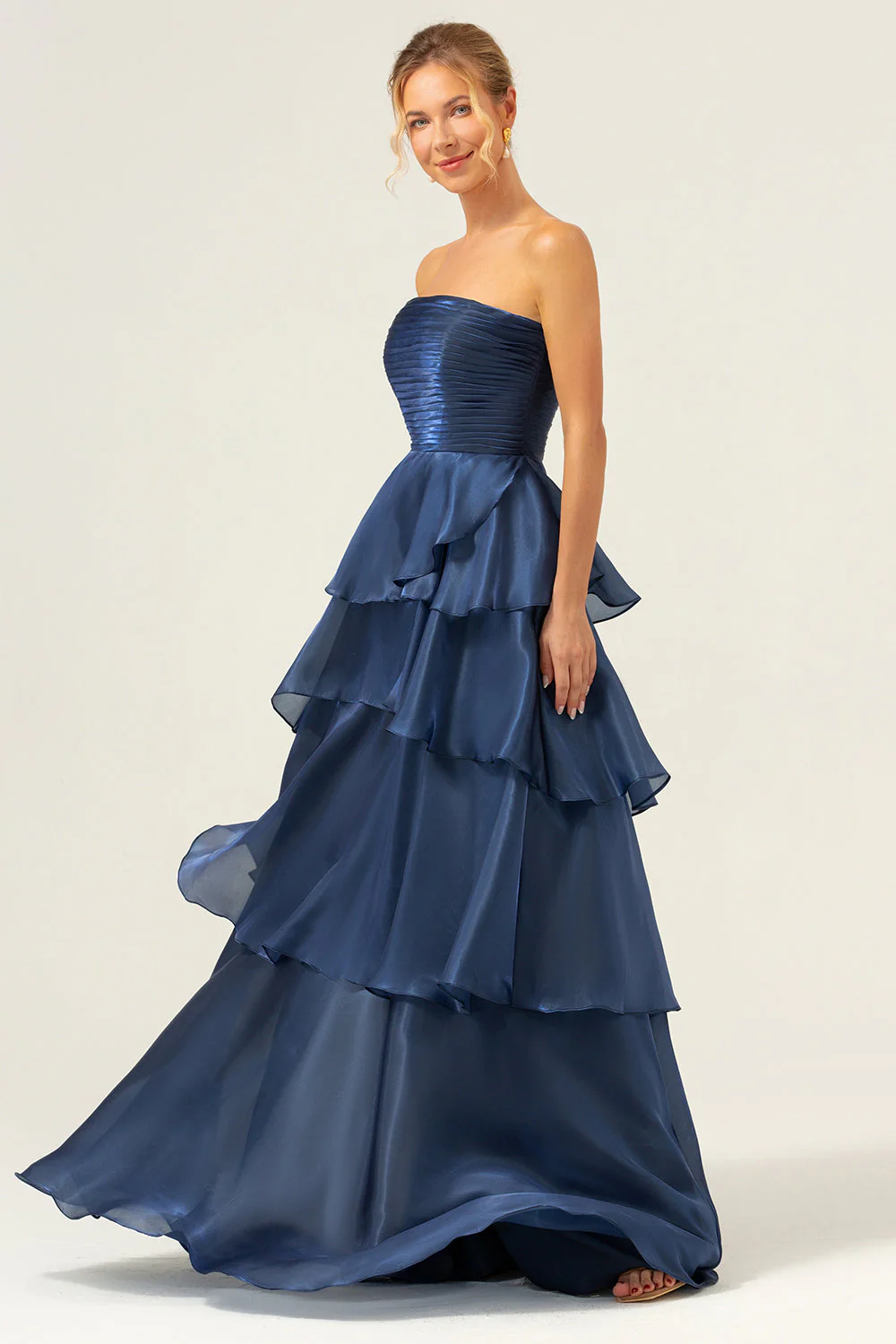 Dark Navy A Line Strapless Tiered Satin Long Bridesmaid Dress - JUORTHO