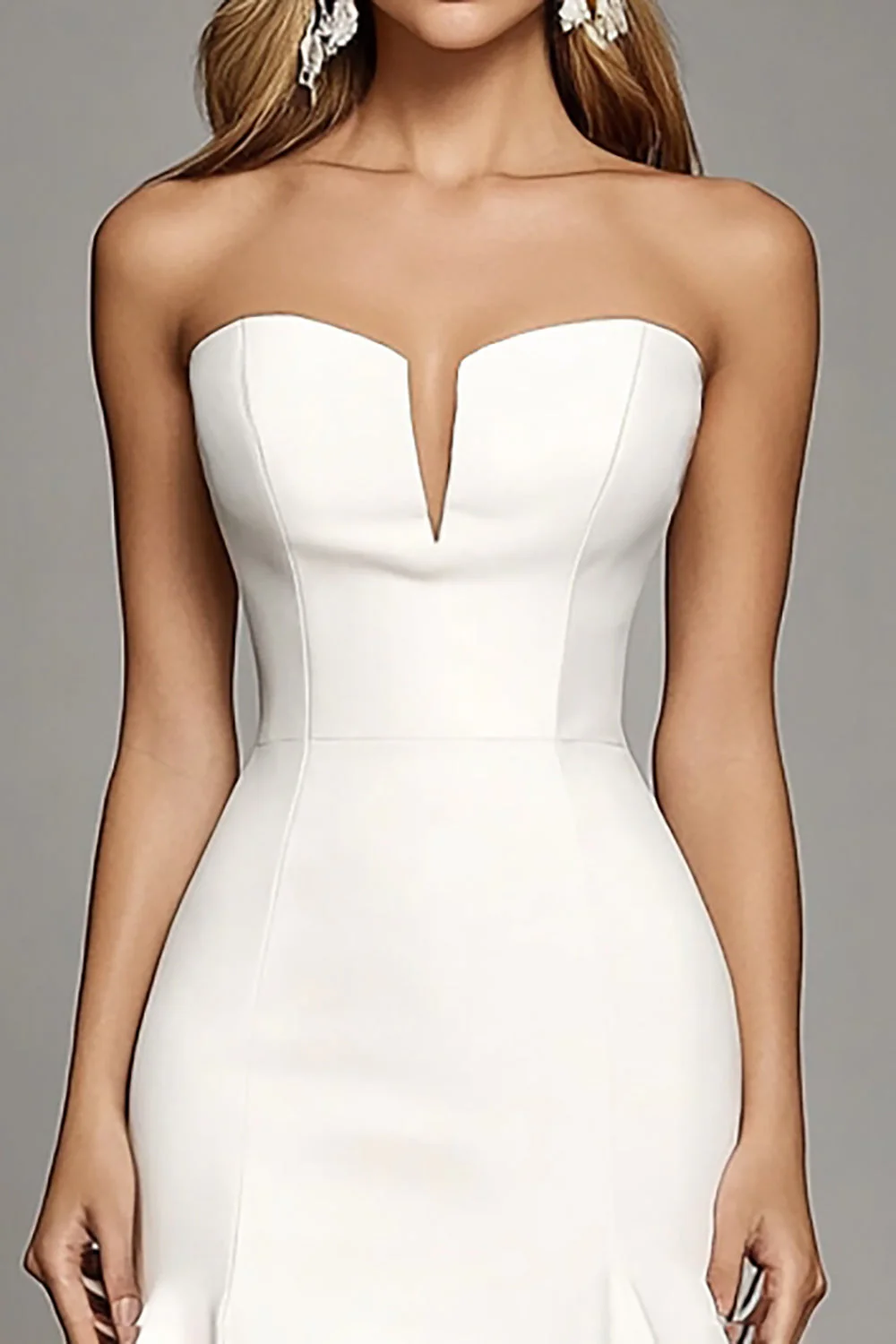 Ivory Strapless Bodycon Short Satin Work Dress with Ruffles - JUORTHO
