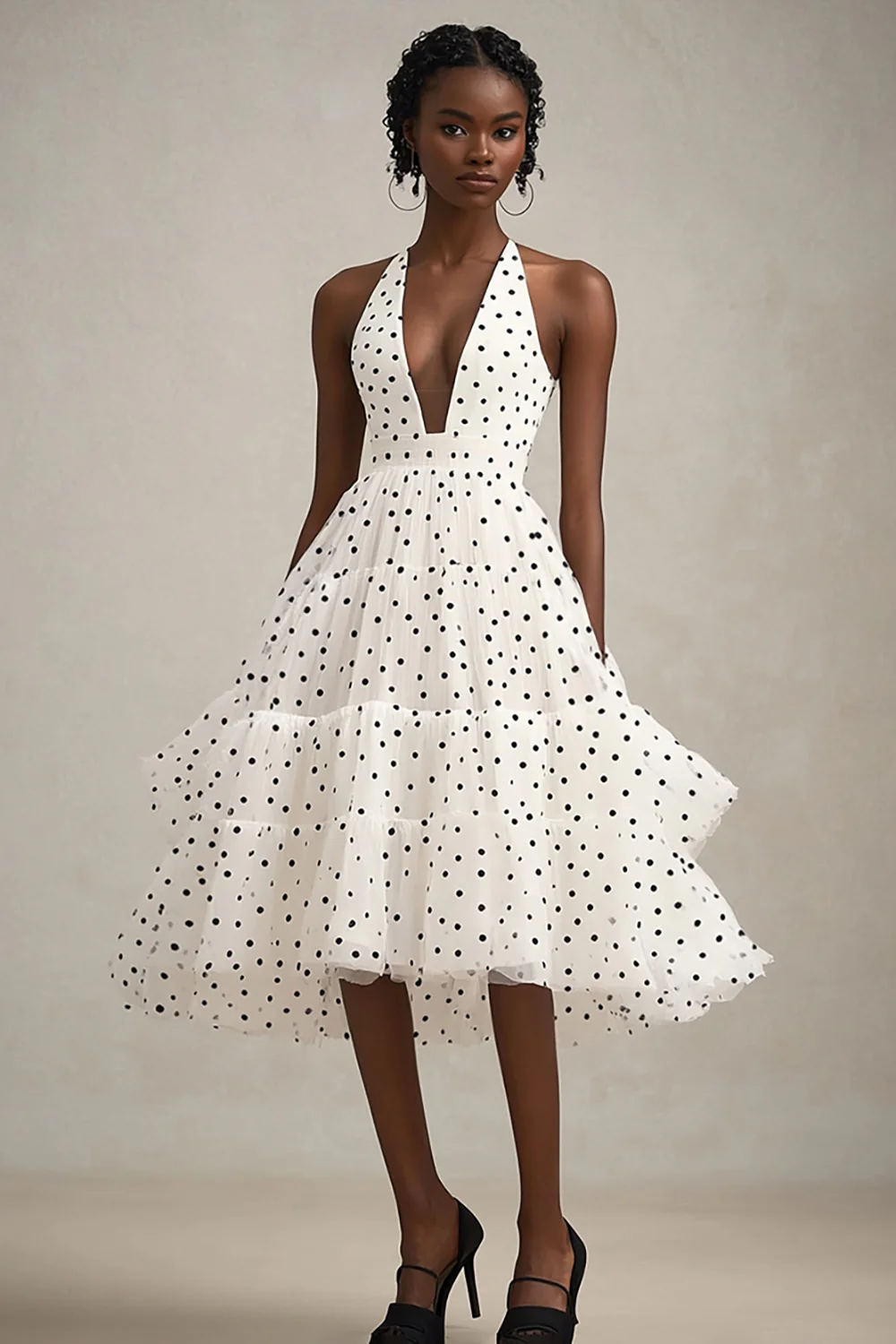 Tiered Black and White A Line Midi Tulle Polka Dot Dress with Ruffles - JUORTHO