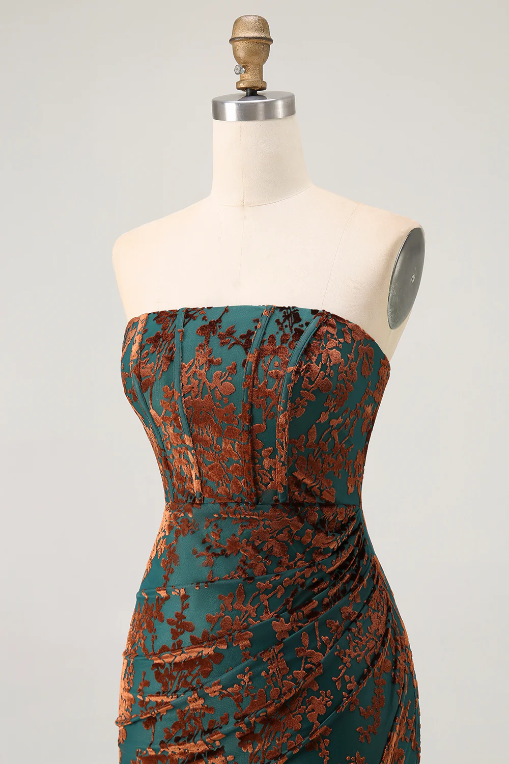 Peacock Green Velvet Mermaid Corset Long Wedding Guest Dress with Slit - JUORTHO