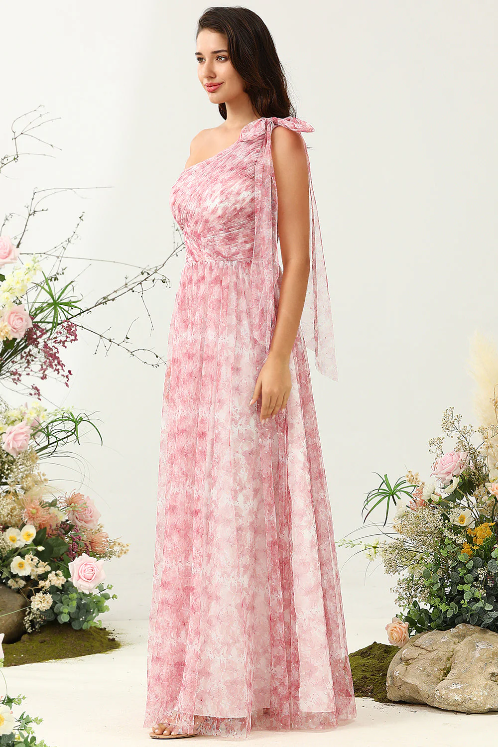 Red A Line One Shoulder Print Tulle Bridesmaid Dress with Ruched - JUORTHO