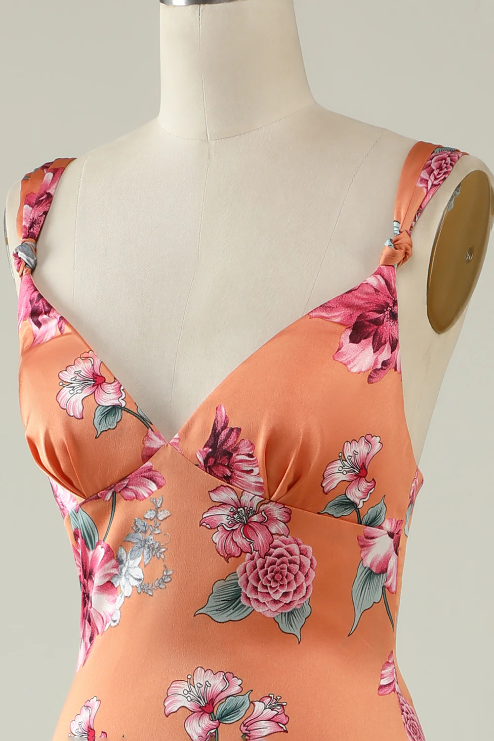 Orange Flower Printed Satin Bridesmaid Dress - JUORTHO