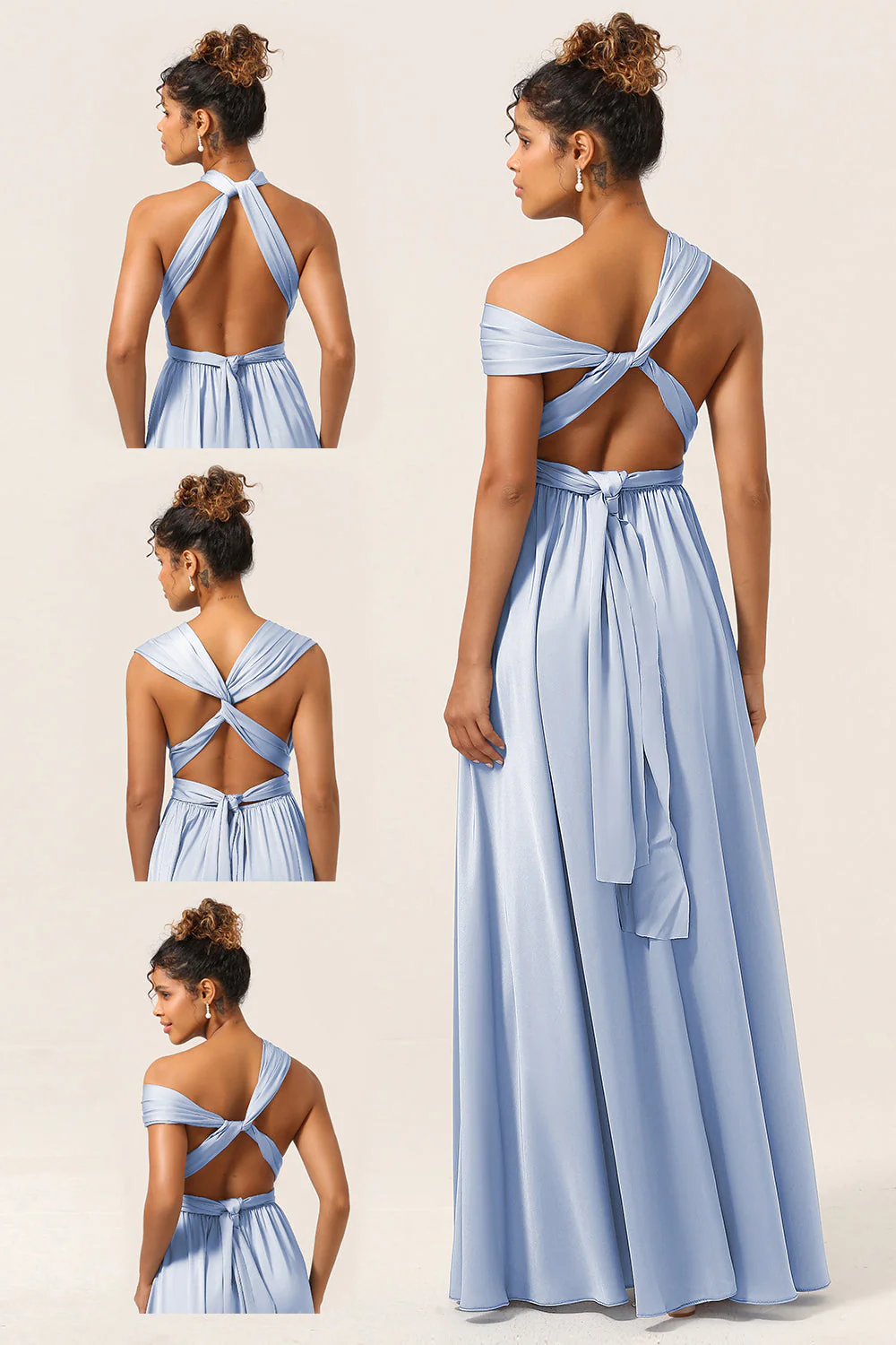 Blue Satin Convertible Bridesmaid Dress with Slit - JUORTHO