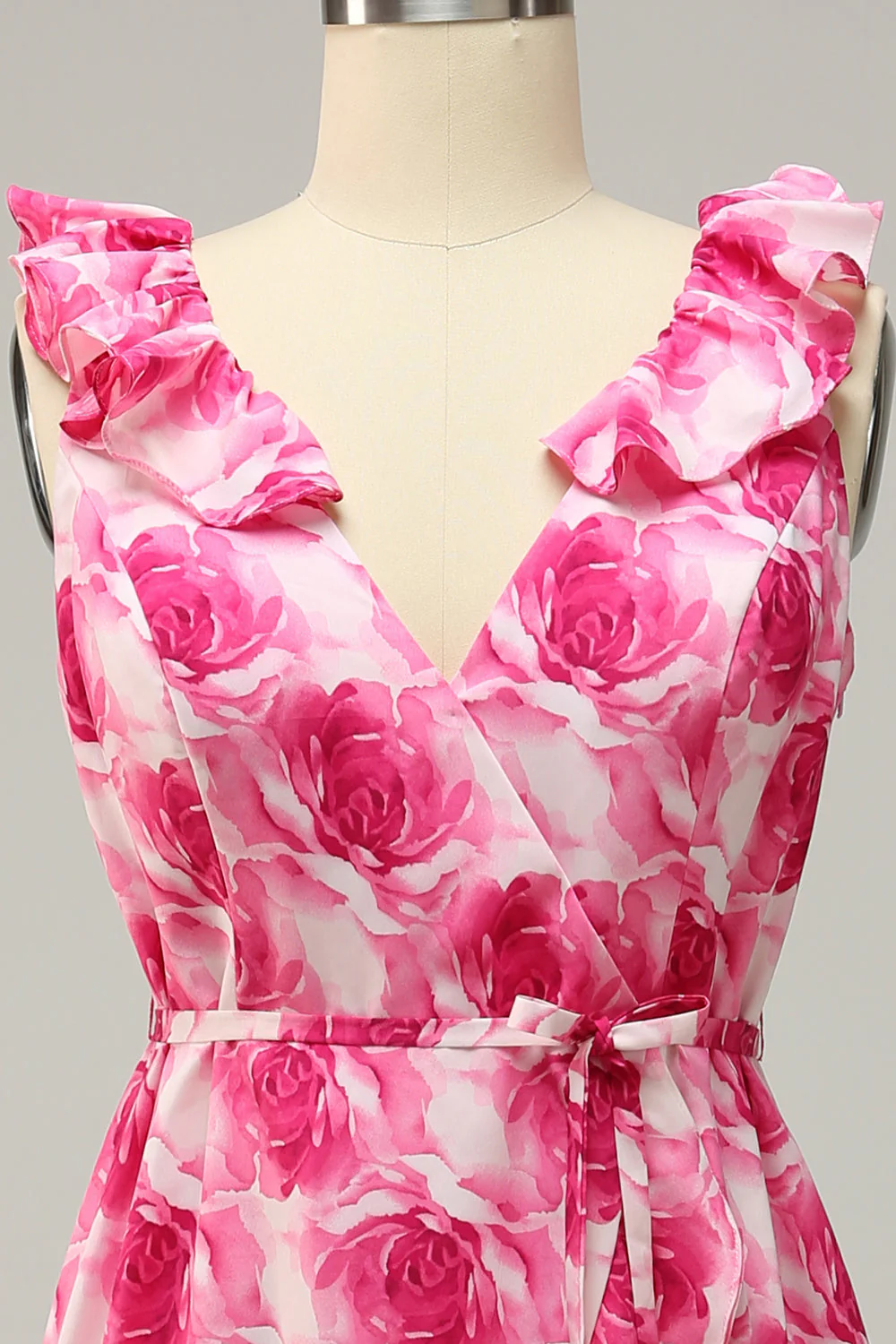Plus Size High Low Pink Flower Printed Bridesmaid Dress with Ruffles - JUORTHO