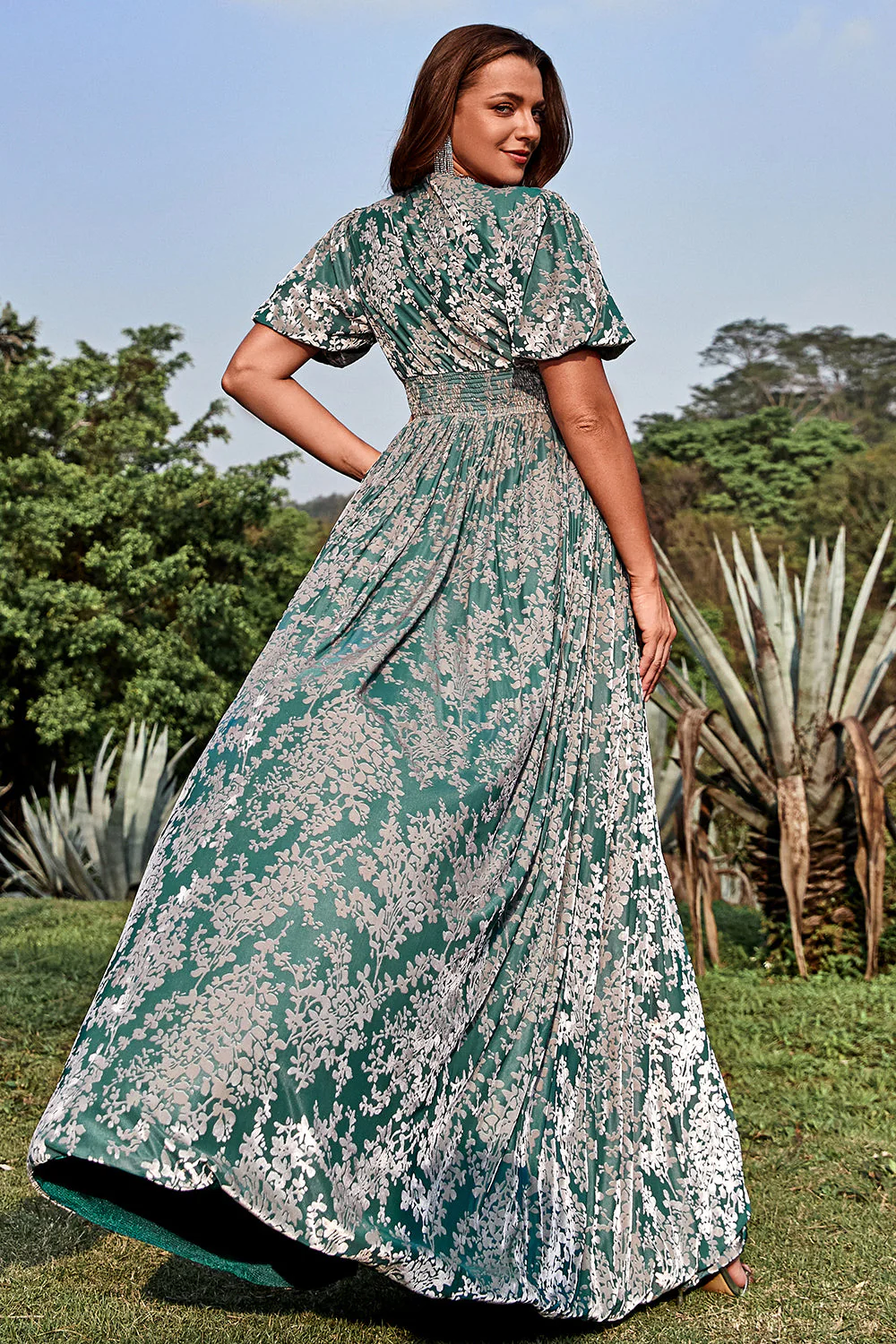 A Line V Neck Green Floral Printed Plus Size Prom Dress with Short Sleeves - JUORTHO