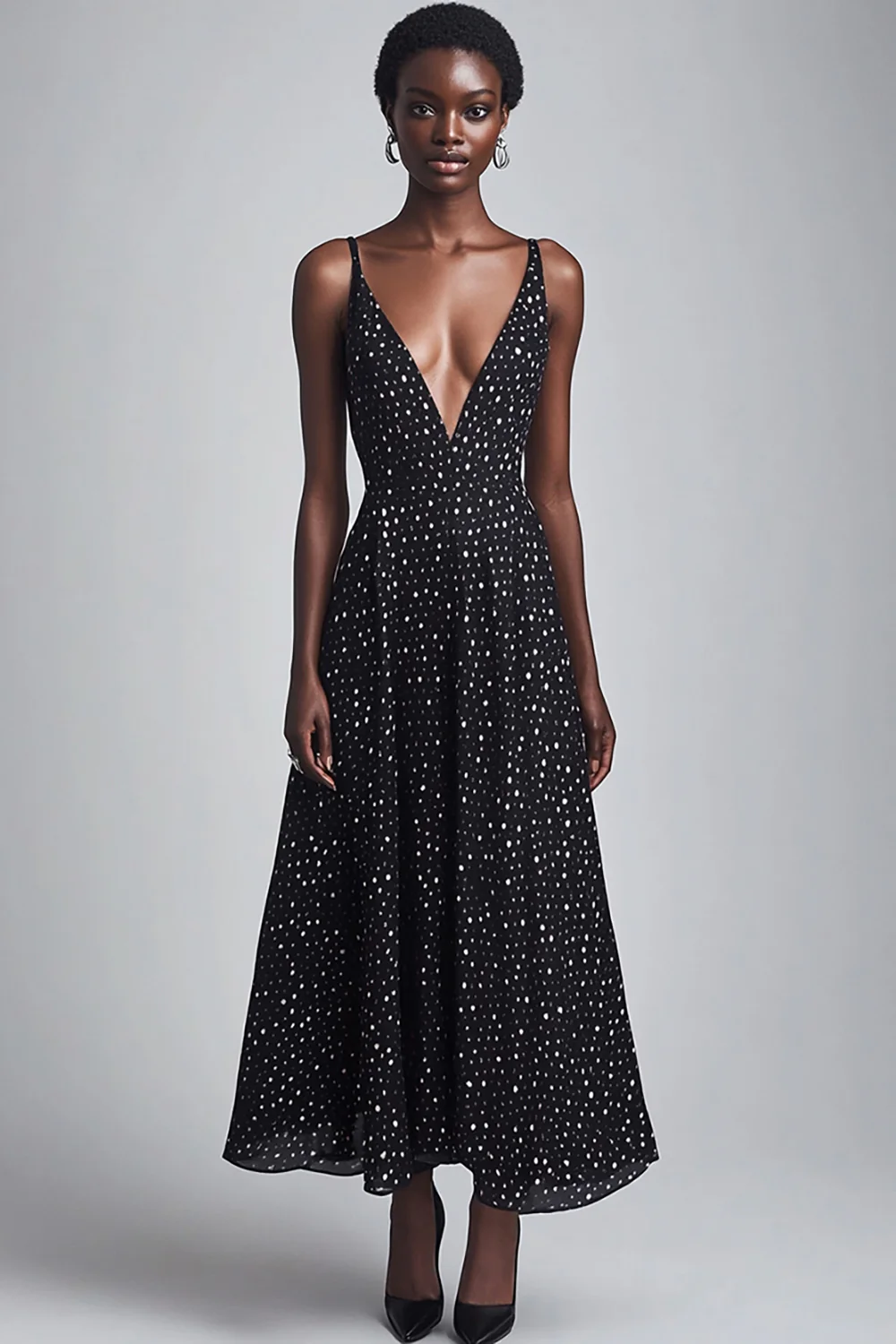 Deep V-Neck Black and White Maxi Boho A Line Chiffon Polka Dot Dress - JUORTHO