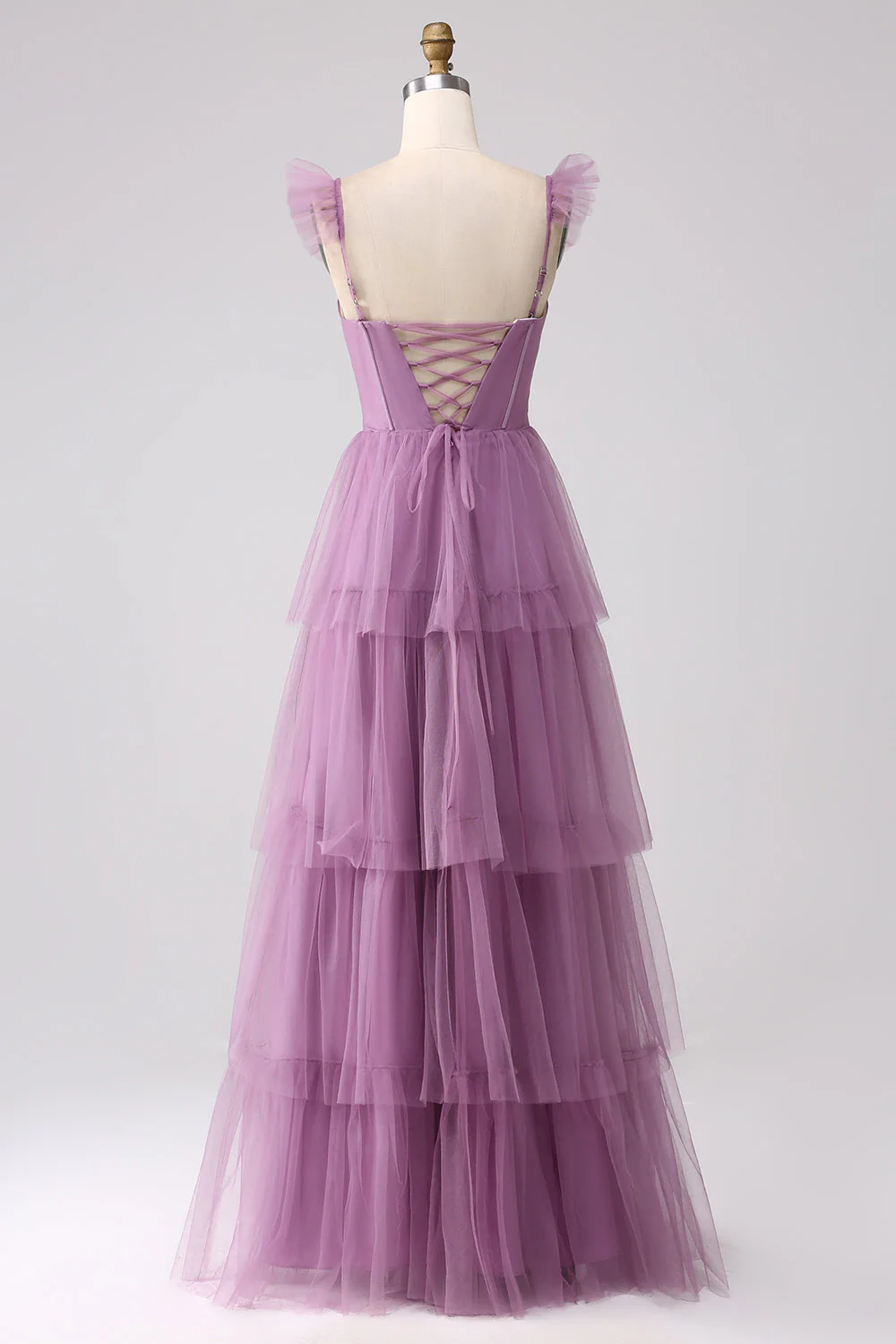 Purple A Line Tulle Tiered Pleated Long Prom Dress with Slit - JUORTHO