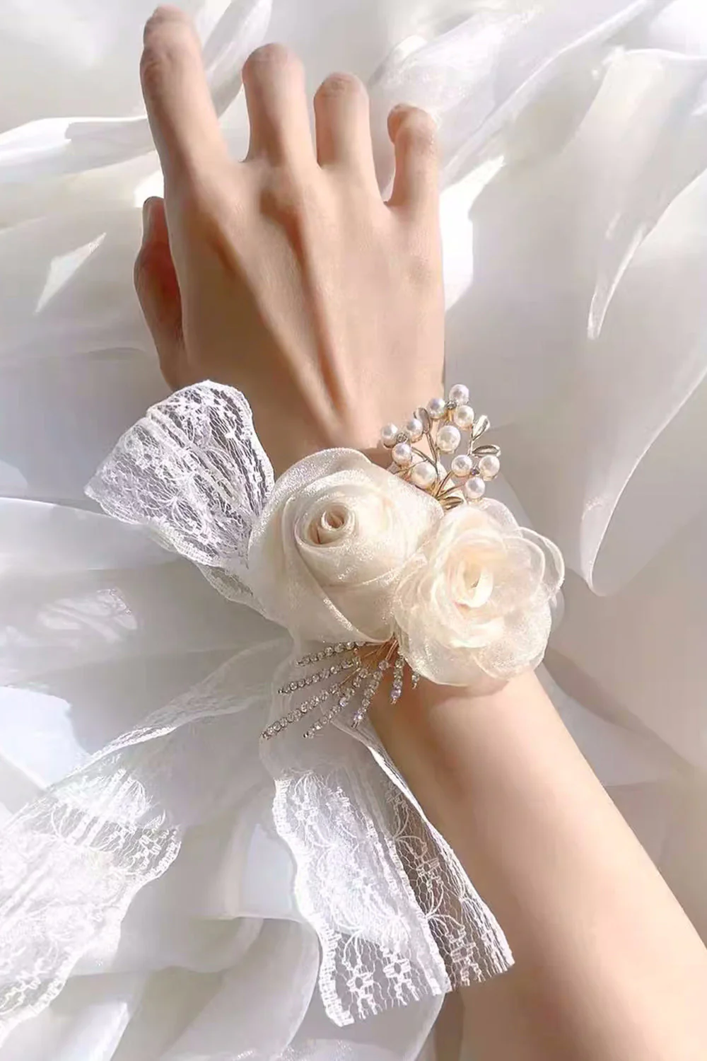 Champagne Pearl Prom Wrist Corsage for Wedding - JUORTHO