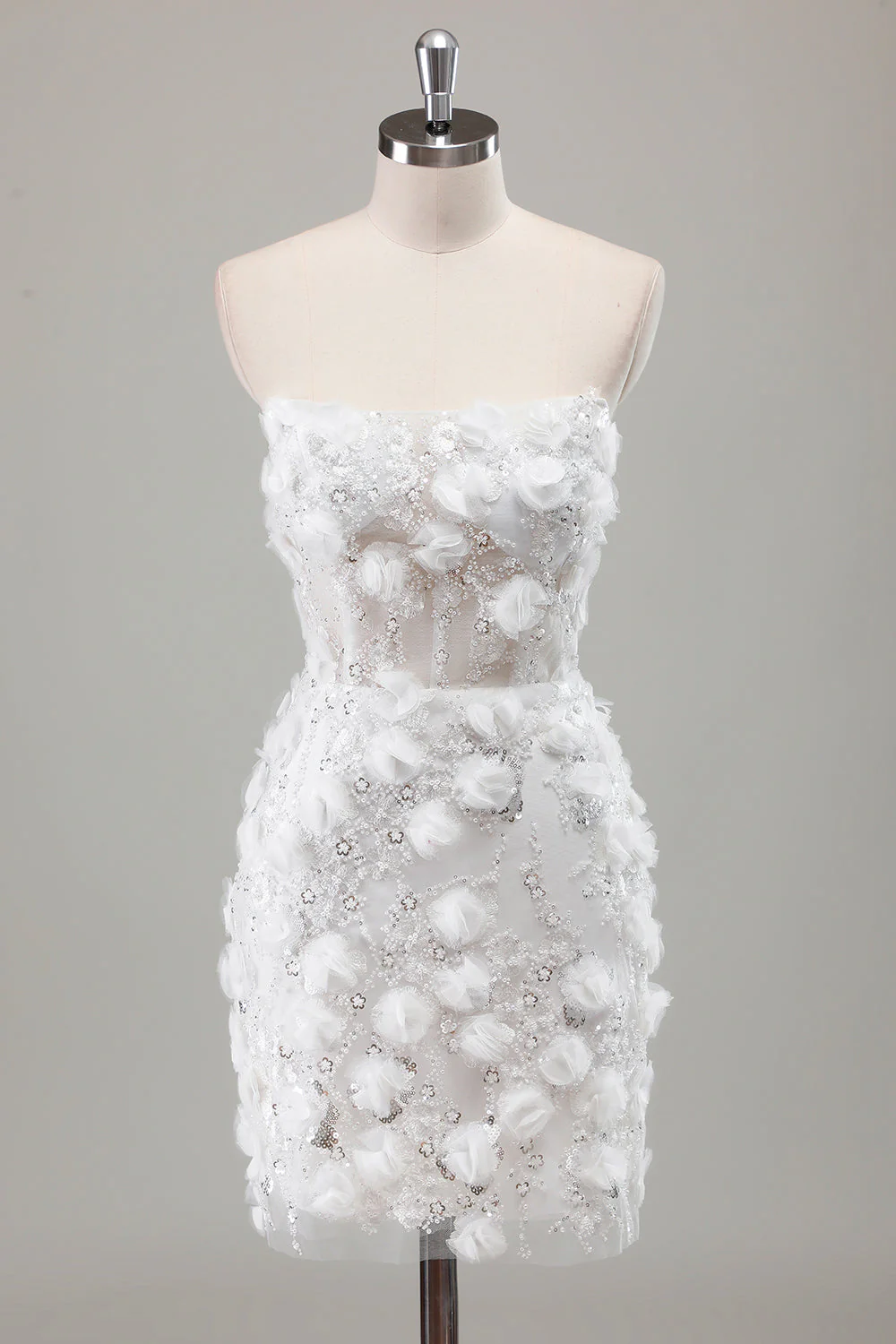 Ivory Strapless Beaded Tight Short Wedding Dress with Appliques - JUORTHO