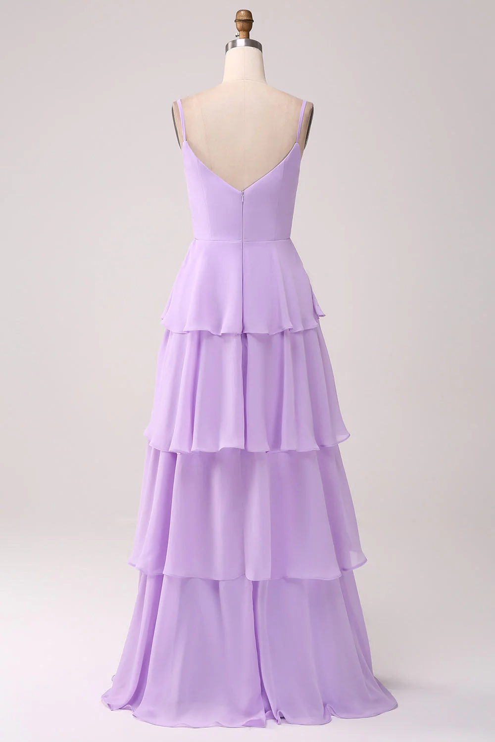 A Line Spaghetti Straps Tiered Chiffon Lilac Bridesmaid Dress with Slit - JUORTHO