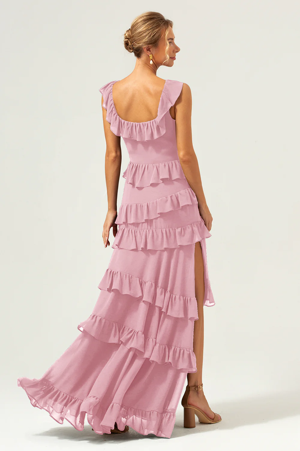 Dark Navy A-Line Tiered Chiffon Long Bridesmaid Dress - JUORTHO