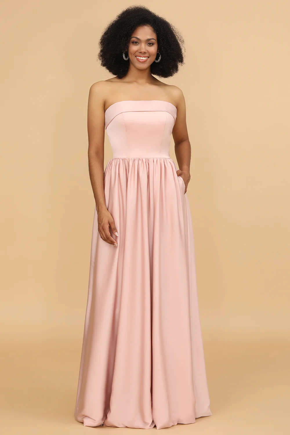 Off-the-Shoulder Floor-Length Satin Bridesmaid Dress With Pocket - JUORTHO