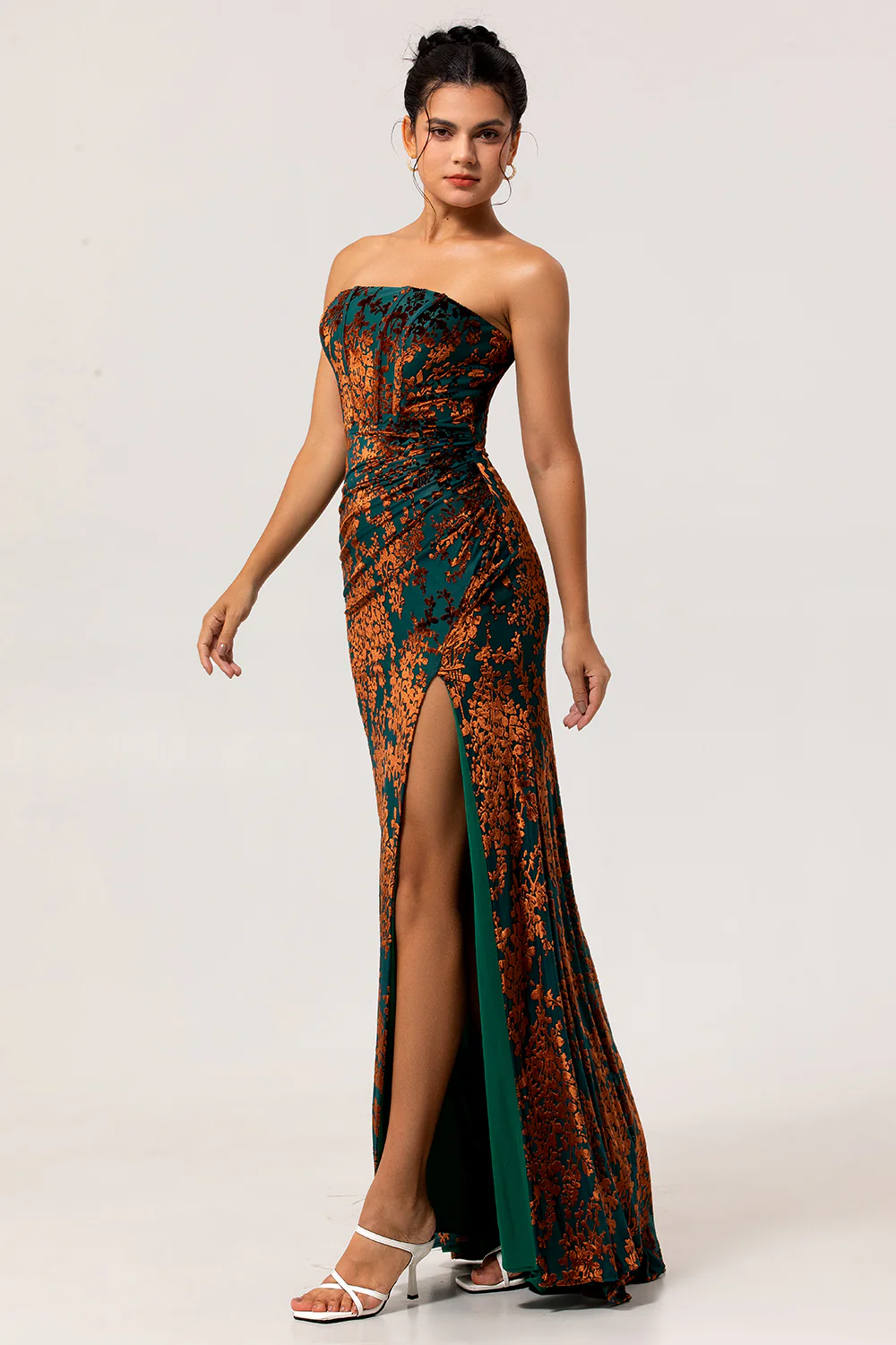 Peacock Green Strapless Corset Long Velvet Bridesmaid Dress with Slit - JUORTHO