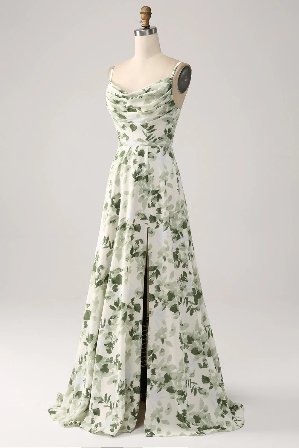 Cowl Neck Green Floral A Line Prom Dress with Slit - JUORTHO