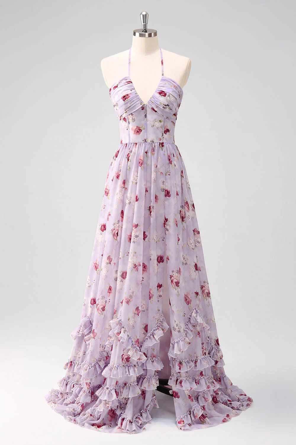 Grey Purple Floral A Line Corset Halter Bridesmaid Dress with Slit - JUORTHO