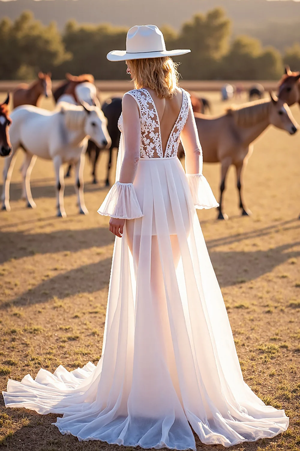 White Long Sleeves Sweep Train Boho Western Wedding Dress with Lace - JUORTHO