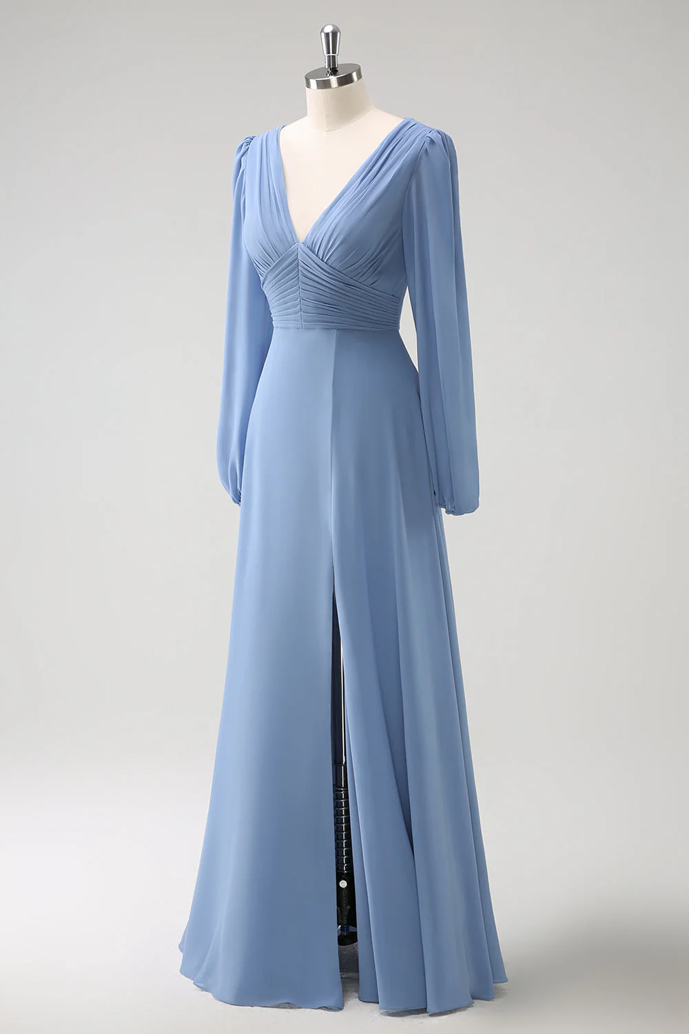 A Line Grey Blue V-Nack Chiffon Bridesmaid Dress with Long Sleeves - JUORTHO