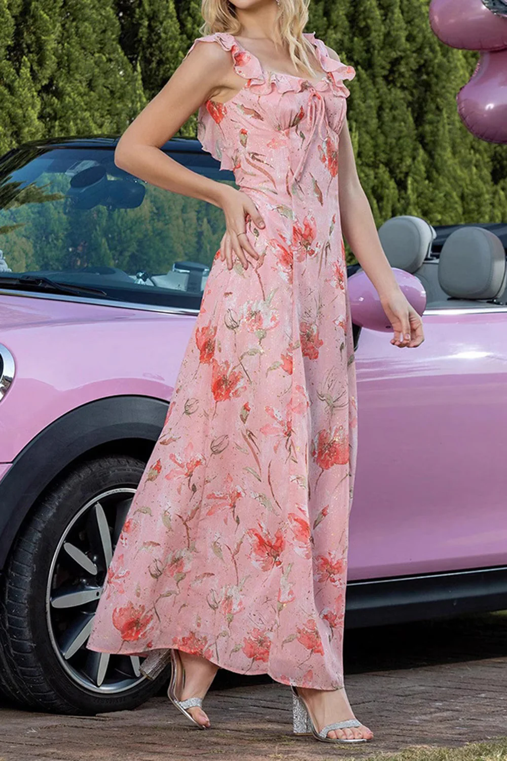 Blush Floral Print Sheath Long Prom Dress with String - JUORTHO