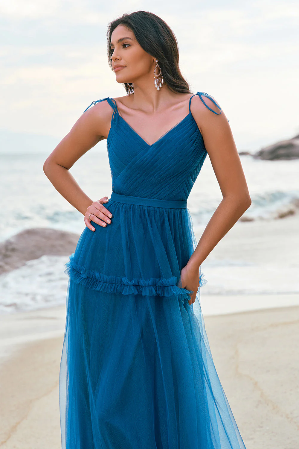Dark Blue A-Line Spaghetti Straps Pleated Long Bridesmaid Dress - JUORTHO