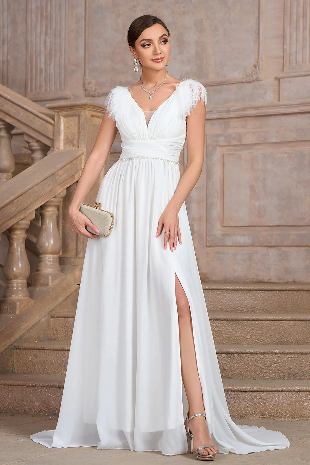 A Line White V Neck Long Party Dress With Slit - JUORTHO