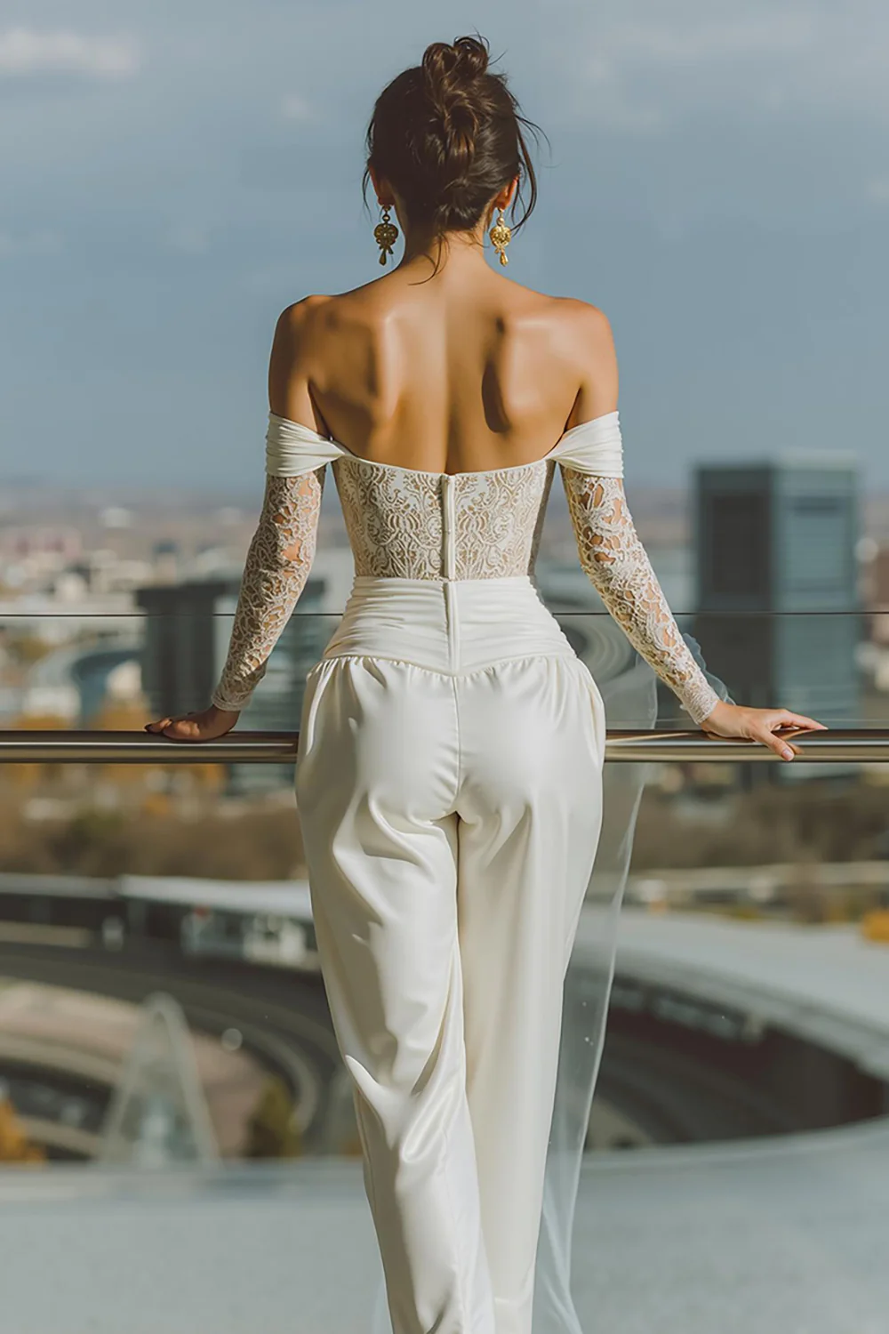 White Off the Shoulder Bridal Jumpsuits with Lace - JUORTHO