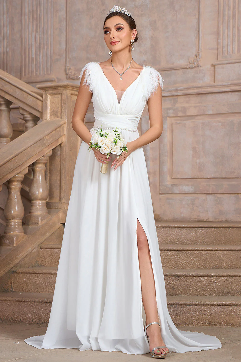 A Line White V Neck Long Party Dress With Slit - JUORTHO