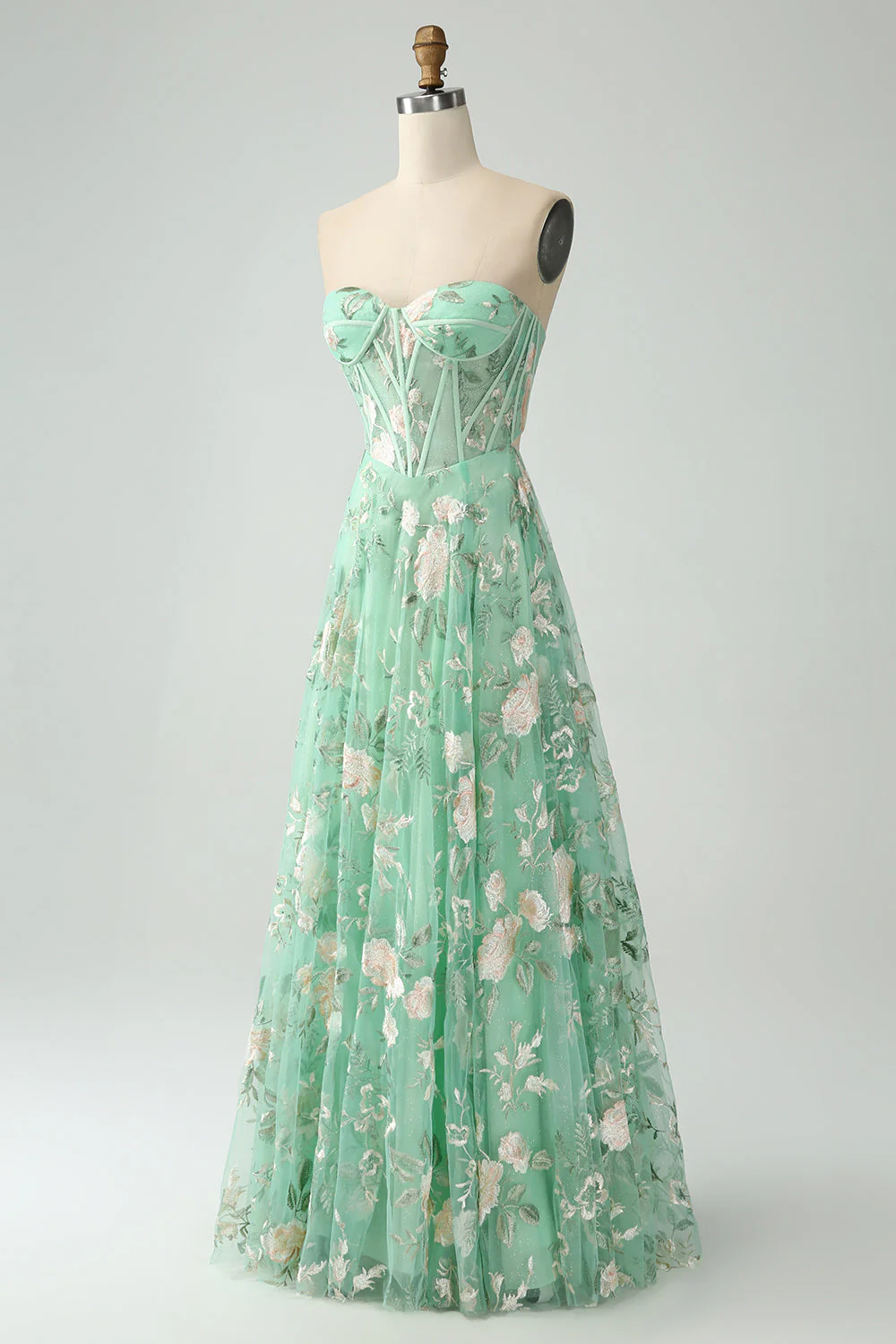 A-Line Light Green Corset Prom Dress with Embroidery - JUORTHO