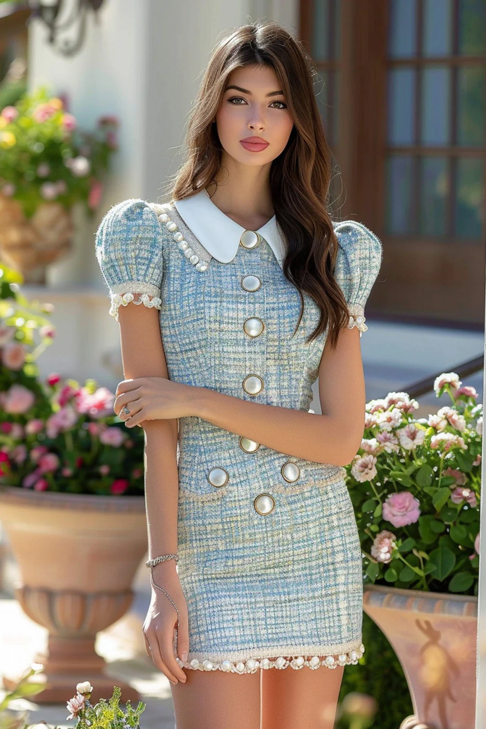 Blue Pearls Tweed Short Sleeves Homecoming Dress with Buttons - JUORTHO