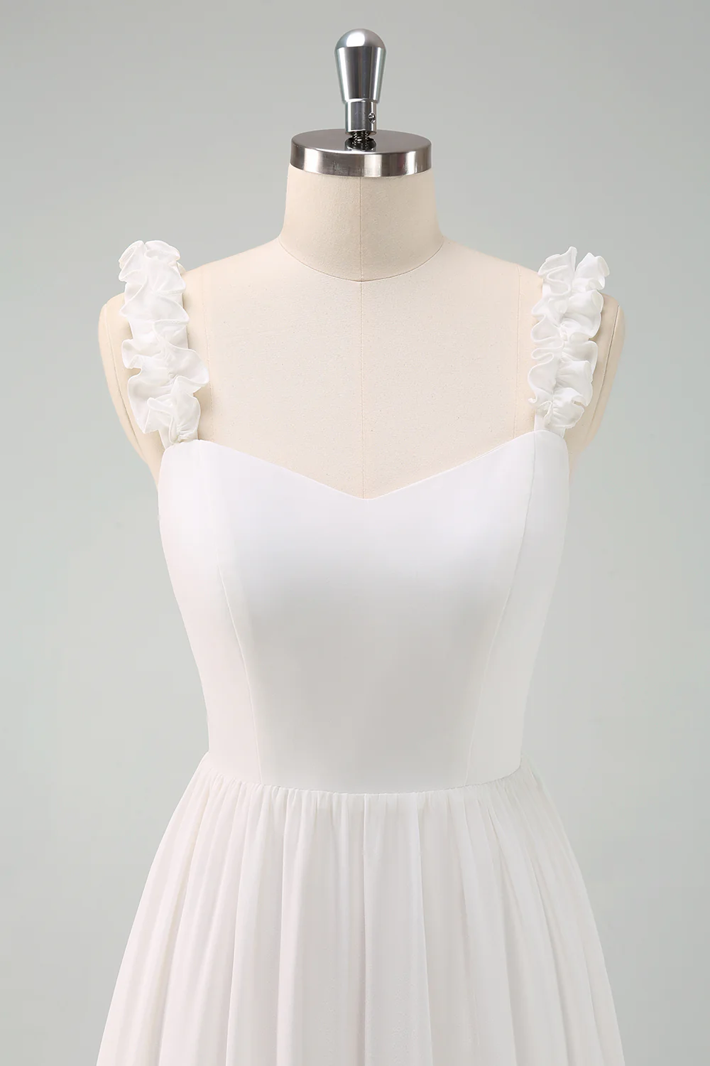 White A Line Ruffled Bride Dress with Bow - JUORTHO
