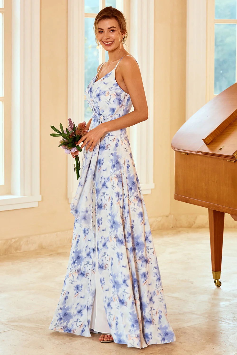 Spaghetti Straps Blue Floral Print Bridesmaid Dress - JUORTHO