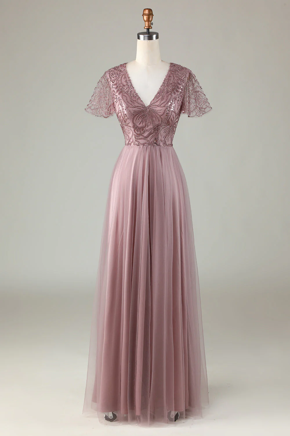 Confidently Charismatic A Line V Neck Dusty Blue Long Bridesmaid Dress with Beading - JUORTHO