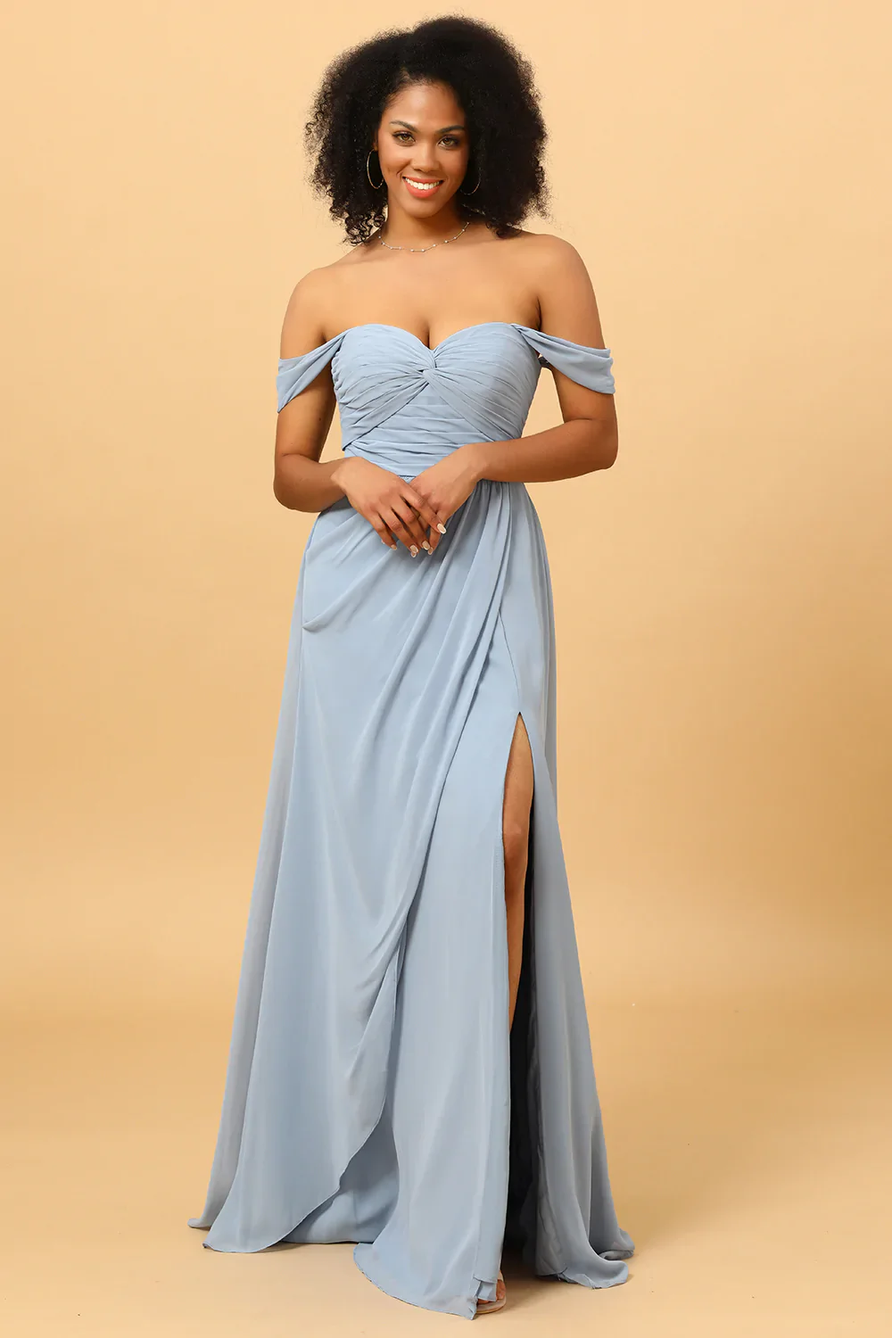 Off Shoulder Chiffon Blue Bridesmaid Dress with Slit - JUORTHO