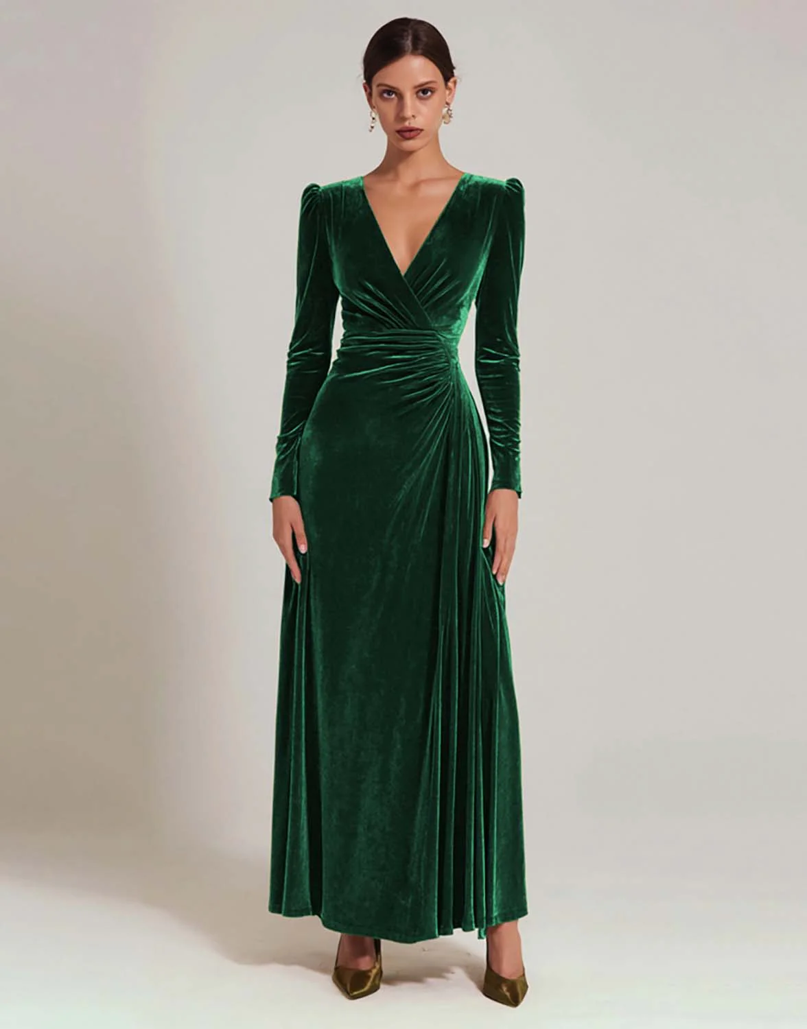 Olive Velvet A Line V-Neck Long Holiday Party Dress with Sleeves - JUORTHO