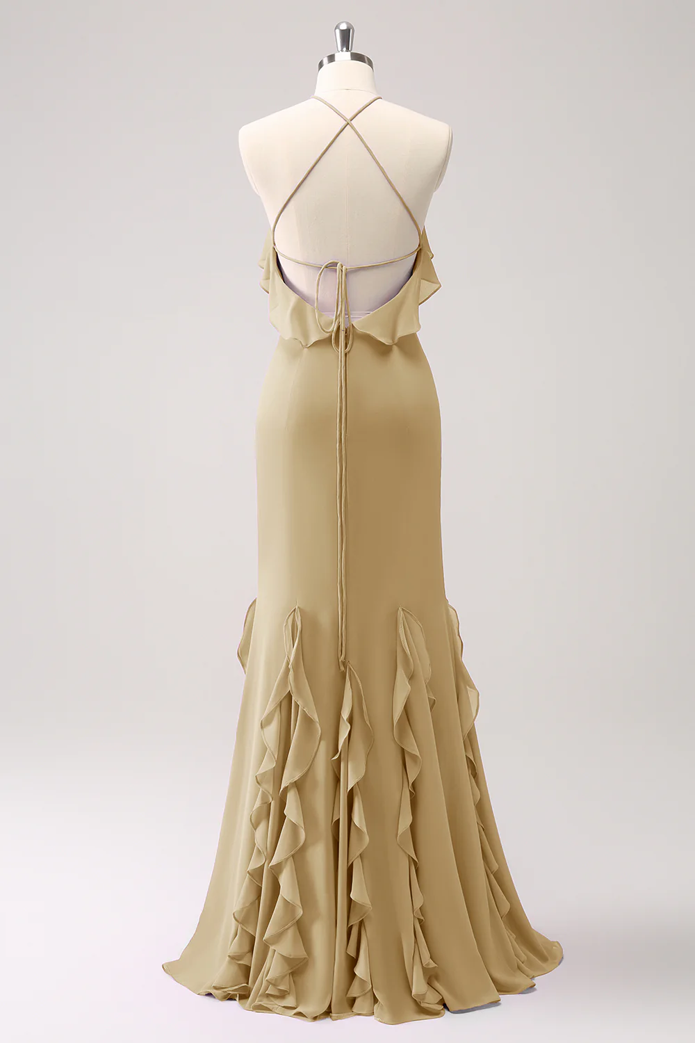 Tahiti Mermaid Halter Ruffle Chiffon Long Bridesmaid Dress - JUORTHO