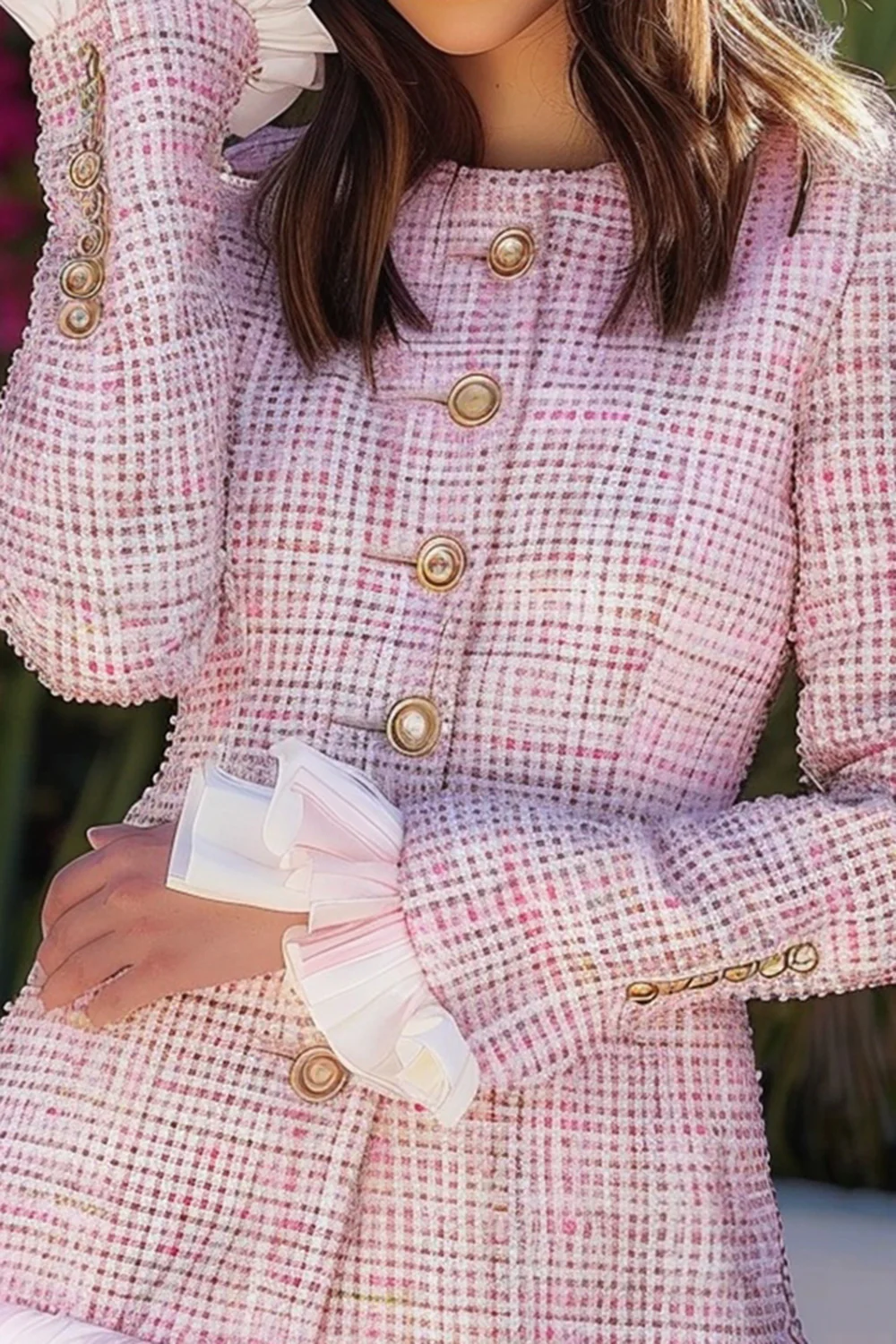 Pink Plaid Ruffled Tight Short Tweed Homecoming Dress with Buttons - JUORTHO