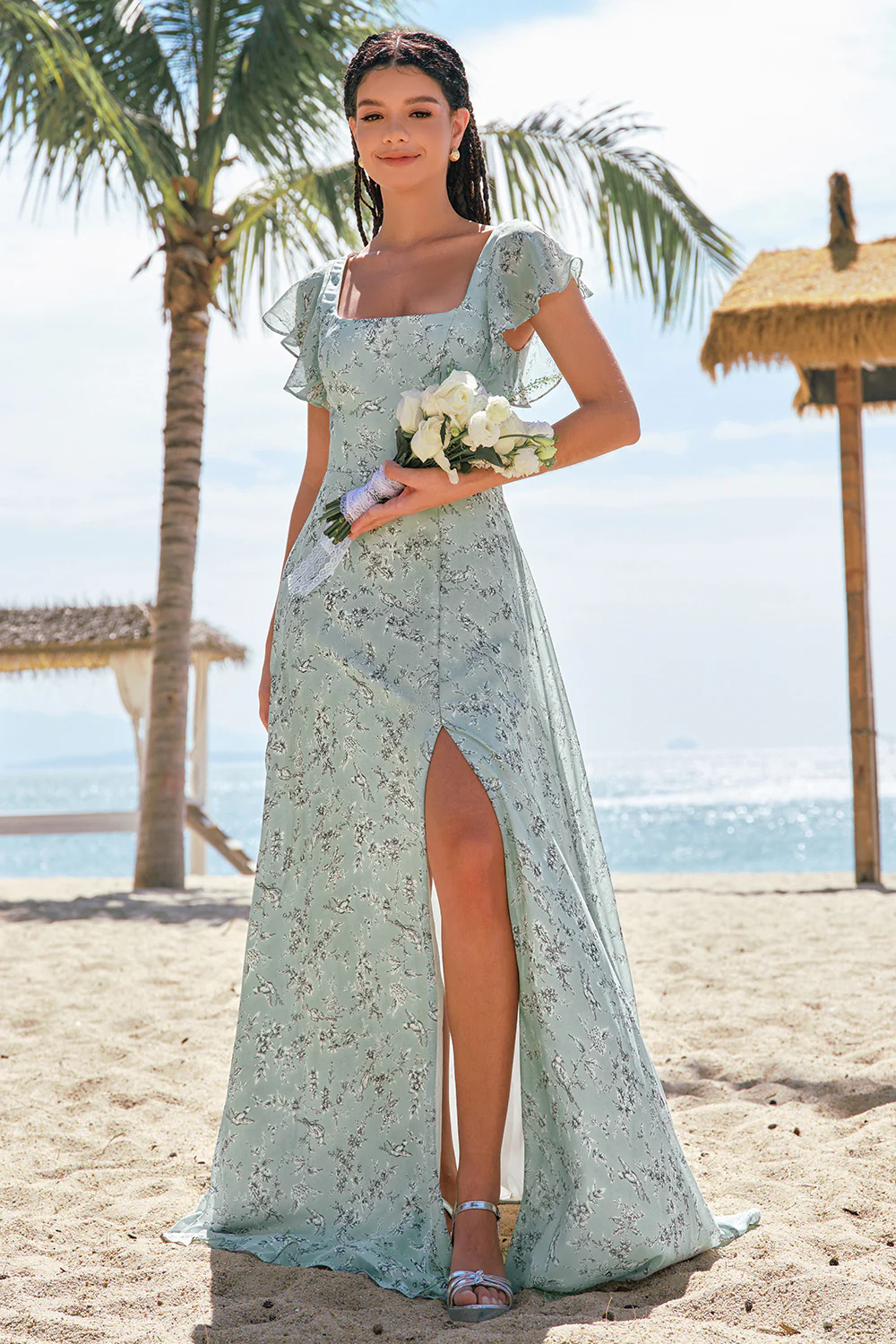 Grey Green Square Neck Floral Printed Bridesmaid Dress with Slit - JUORTHO