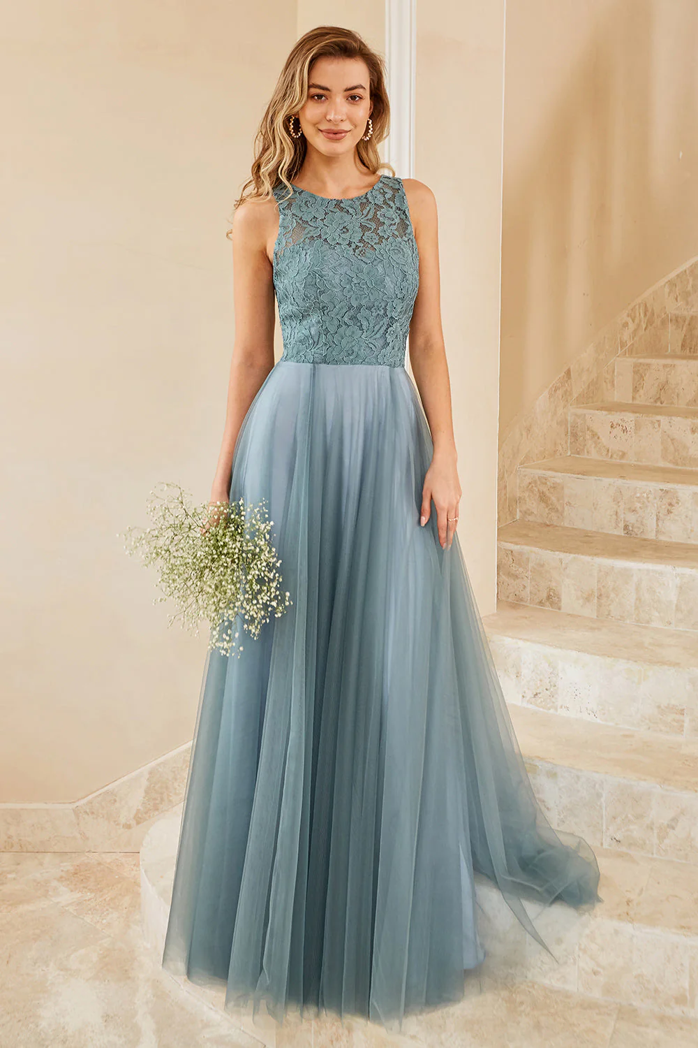 Grey Blue Tulle Bridesmaid Dress with Lace - JUORTHO