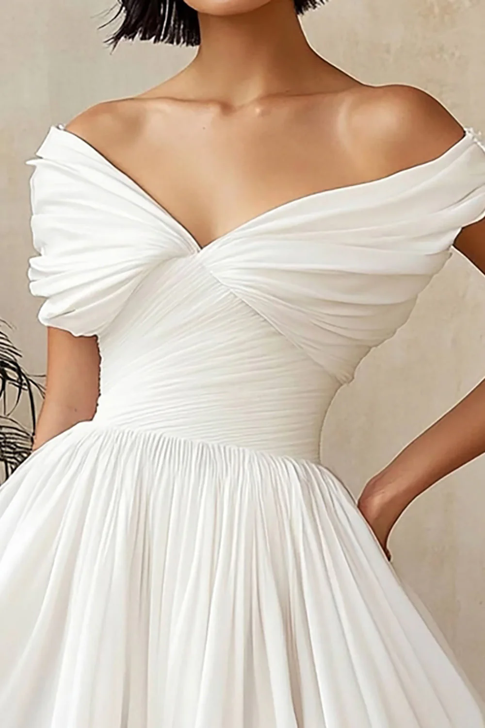 A Line Chiffon Pleated Little White Dress with Ruffles - JUORTHO